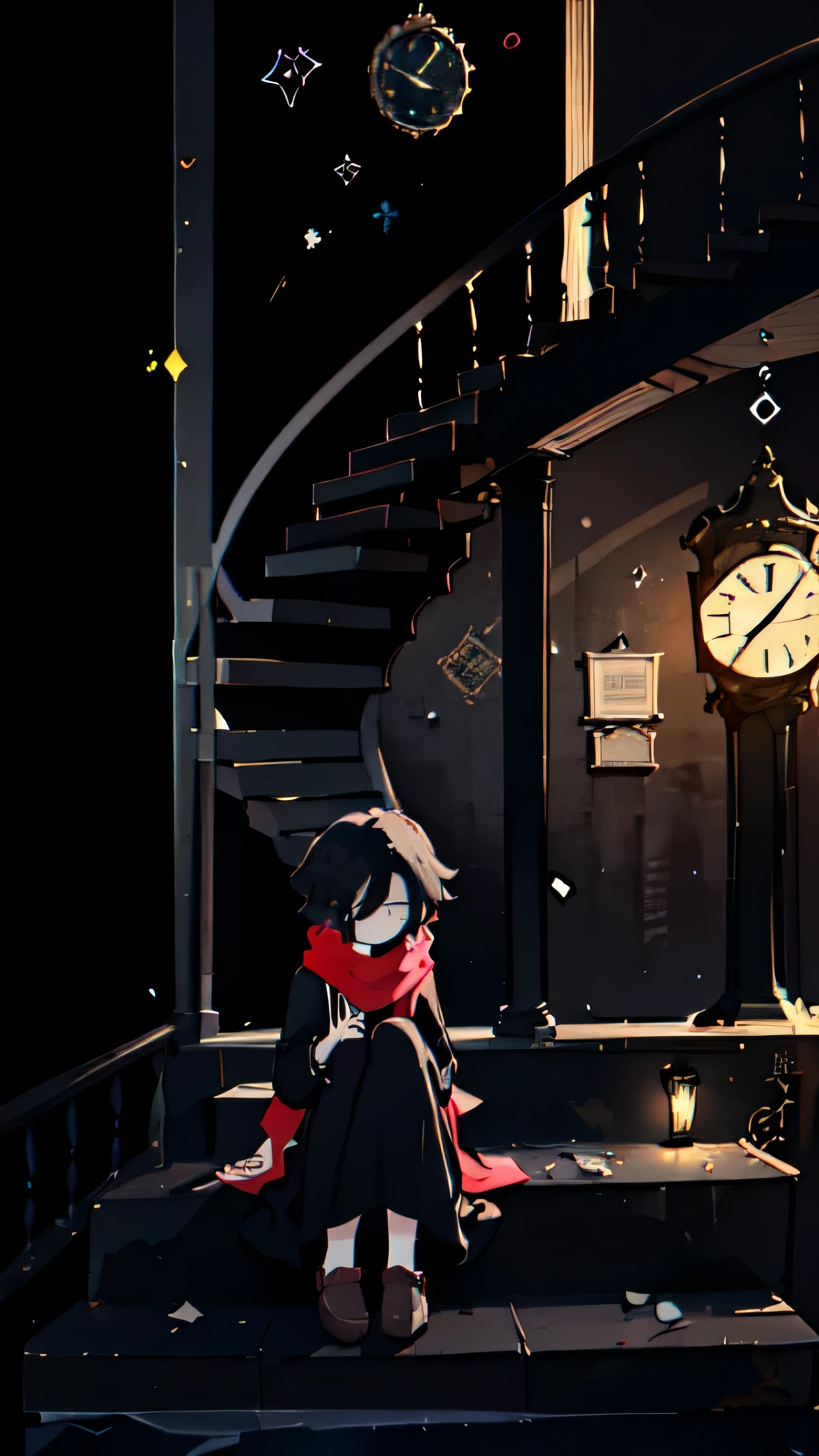 
a girl , wearing red scarf , long dress , old dress , black hair , long hair , sad facial expression , sad , sad face , black dress , sitting on stairs , black room , black walls , dark  fog ,  clock on wall ,long stairs