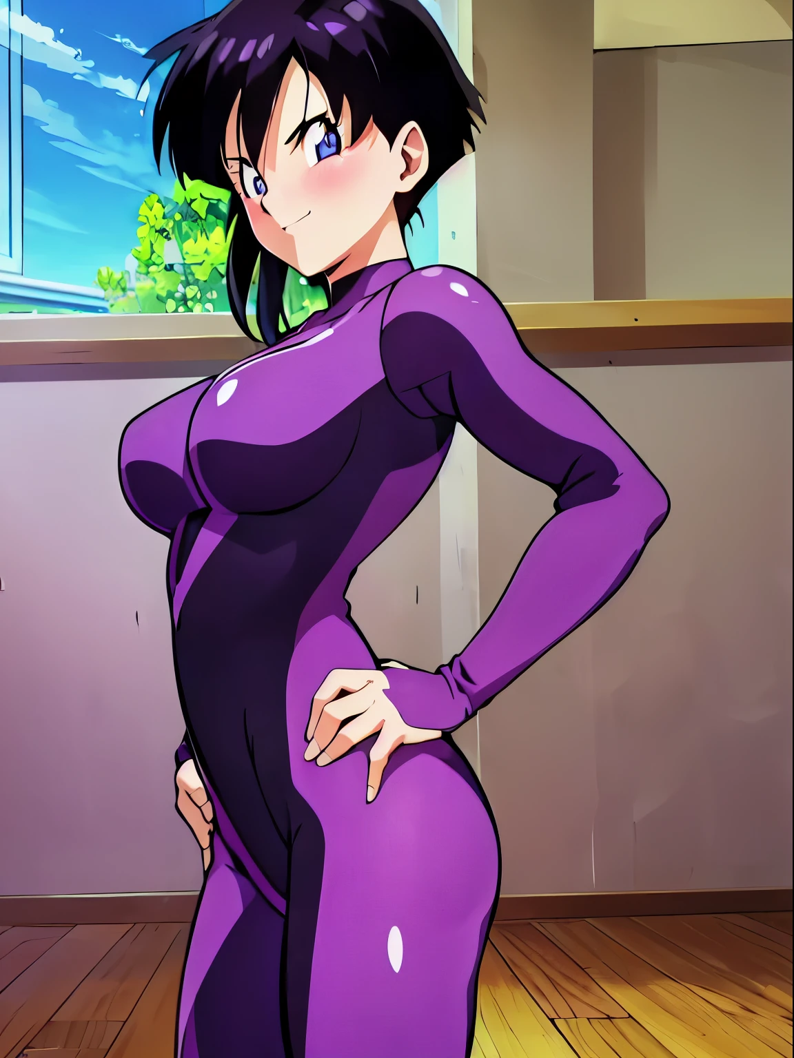 ,videl,1 girl,Alone,black hair,blue eyes,((bright purple tight suit,:1.5)),barefoot,big breasts,smile,blush,Research room,bare hands,Highest image quality,highest quality,Standing,put your hands on your hips,((1 girl:1.4)),open your mouth wide,classroom,butt,back