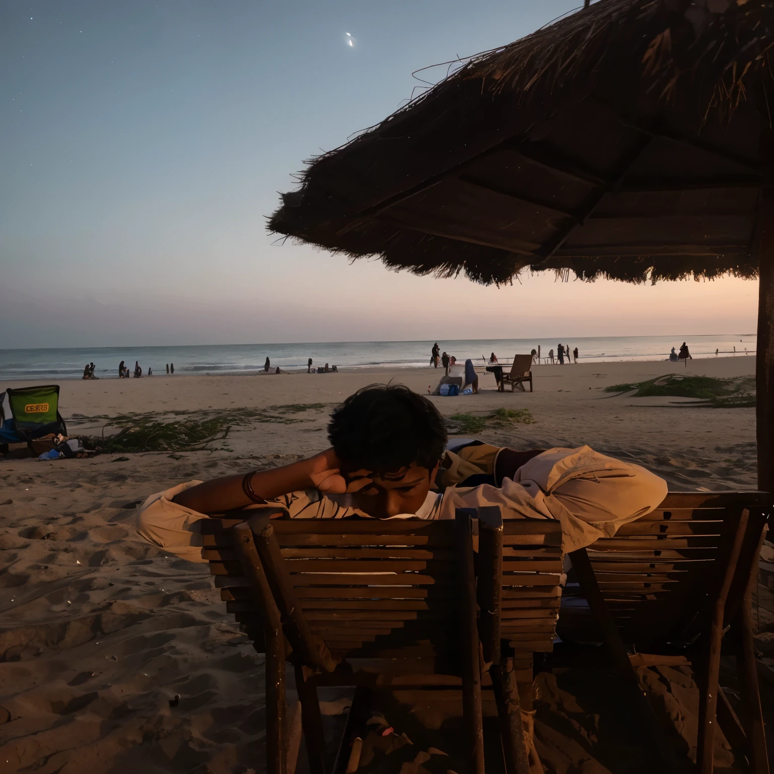 Indian ager boy, sitting on the beach, relaxing, night sky, starry, hand not on head