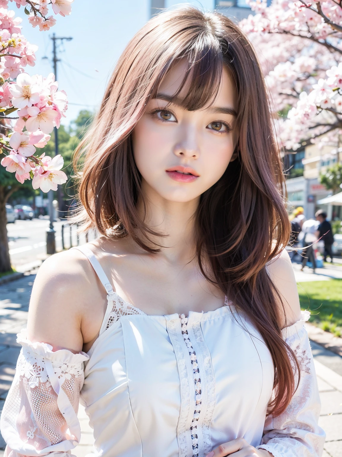 light pink hair, pink eyes, pink and white, cherry blossom leaves, Bright colors, white dress, paint splashes, simple background, ray tracing, wavy hair