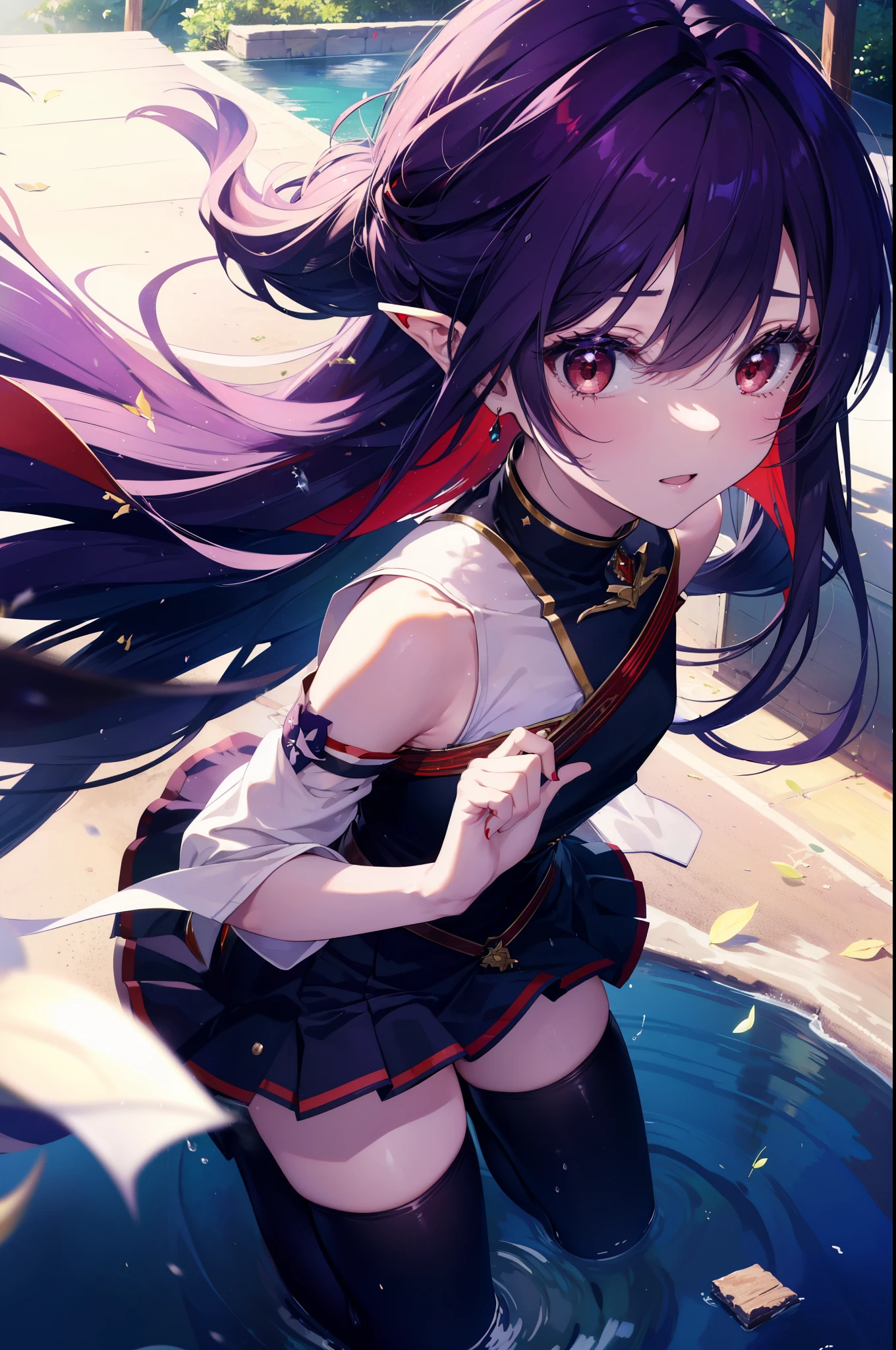 yuukikonno, Yuki Konno, hair band, long hair, pointed ears, purple hair, (red eyes:1.5), (small breasts:1.2), open your mouth,open your mouth,crying with both eyes closed,tears run down her face,
break black Thighhighs, removed sleeve, Thighhighs, dress, purple dress, armor, purple armor,
break looking at viewer, Upper body, full body,
break outdoors, forest, nature,
break (masterpiece:1.2), highest quality, High resolution, unity 8k wallpaper, (figure:0.8), (detailed and beautiful eyes:1.6), highly detailed face, perfect lighting, Very detailed CG, (perfect hands, perfect anatomy),