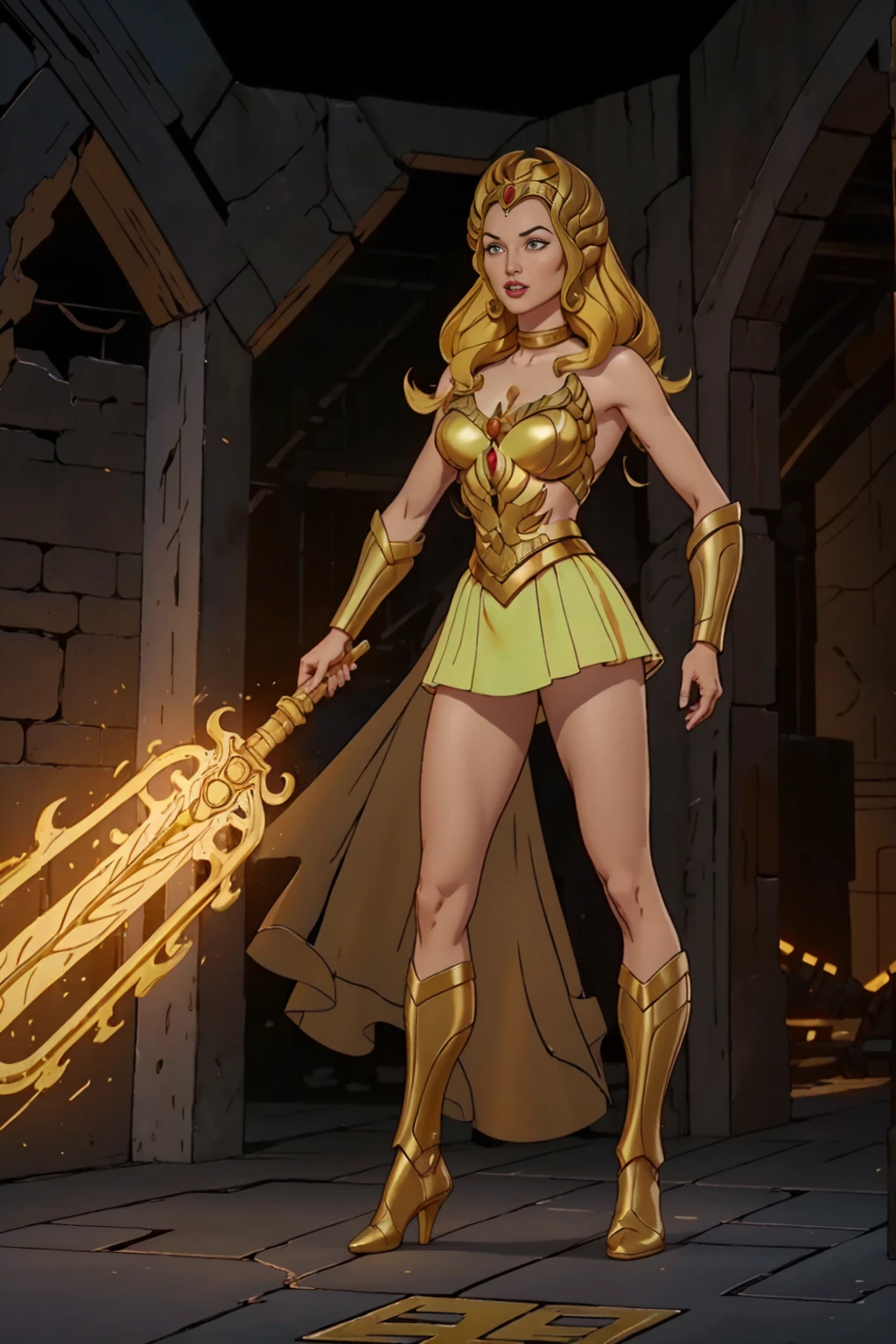 ((Full body photo, standing, feet on the ground)) Gal Gadot, ultrarealism, ultra-resolution, HDR, Photographic realism, woman, medium breasts, black curly hair, with the golden armor of Scorpio, Knight of the Zodiac, golden Athenian helmet, black cover, in Greece, fight, 8k, full body, slight smile, frontal shot.
