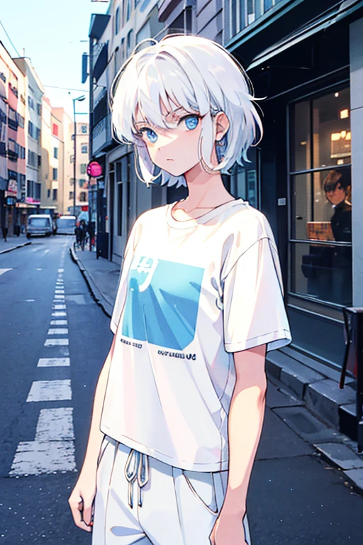 medium hair, white hair, blue eyes, t-shirt, standing, Fair skin, outdoors, street, looking at viewer, 1990s (style), --niji 5  --ar 2:3