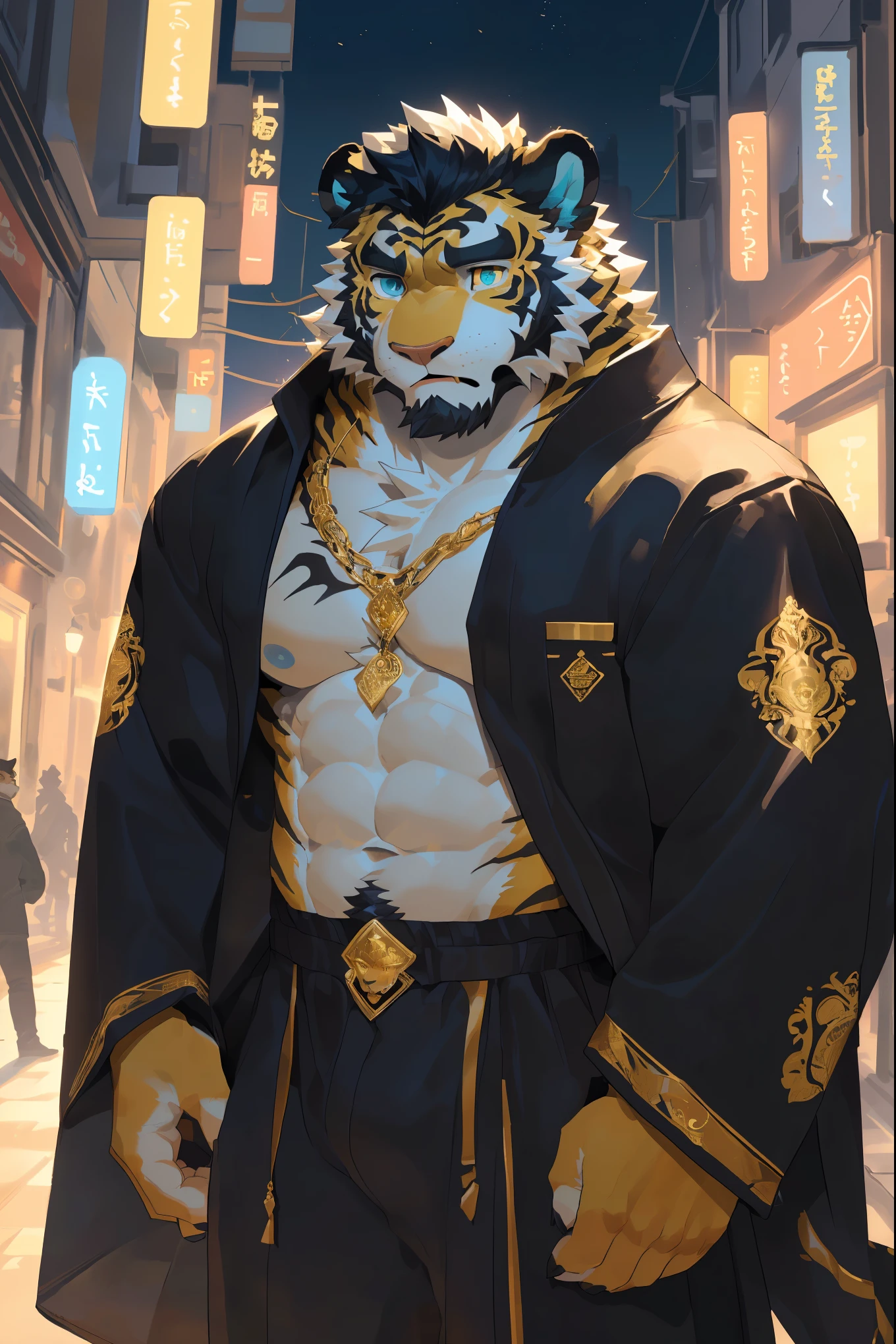 (scarred body:1.5),(Wearing a black robe embroidered with gold patterns:1.5),king,16k high quality detailed art,(Wearing royal accessories:1.3),(Golden Tiger:1.1), (((white and gold fur:1.5))),(Dark cool two-tone),(a pair of eyes of different colors, One eye has a golden pupil，The other eye has a blue pupil:1.7),(muscular body:1.2),Handsome,(OK),(perfect face),(exhausted:1.1),(golden and white skin:1.3),(full body description:1.3),Publaz, (Golden Tiger:1.1), (((golden and white fur:1.3))),Handsome, (OK),Express,(city lights background),(Eyes full of surprise and confusion:1.3),(Golden Tiger tail),不同的Express,(perfect masterpiece),(32k),(abdominal muscles:1.3),(((middle aged:1.4))),(36 years old),(golden stripes),alone,(black sideburns:1.2),(black beard:1.3),(black chin:1.3),(golden face pattern:1),(The facial details are very rich:1.3),(Strong),Half body,(Scratching his head with his hands:1.3),Front view,(CG),(HD),(black hair)