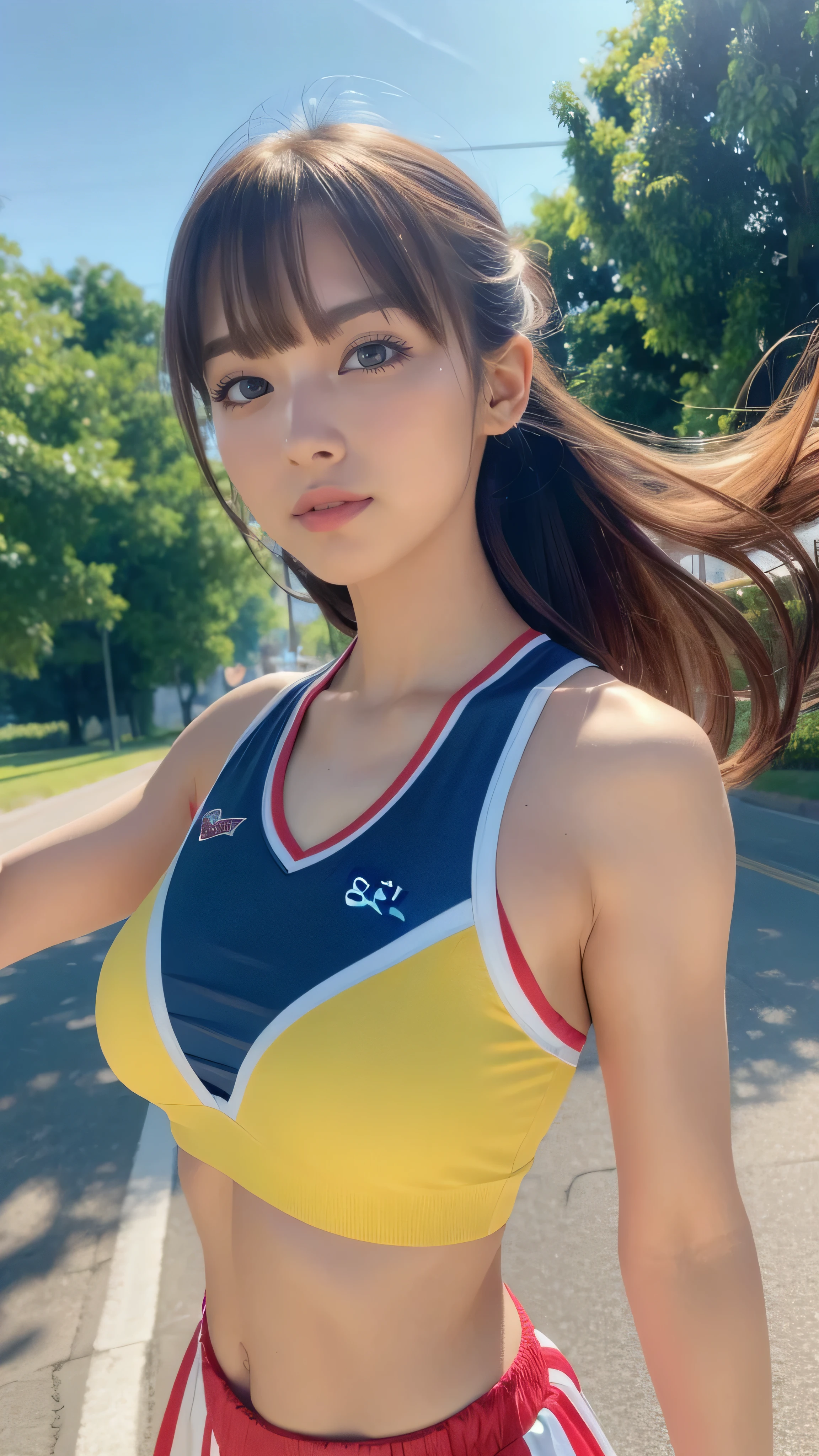 absurd, super detailed,bright colors,(8k:1.5),Masseter muscle part,very beautiful detailed face and eyes、summer morning、Ghibli,summer country road,25years old,cheerleader (stylish outfit)beautiful breasts, (dynamic posing)