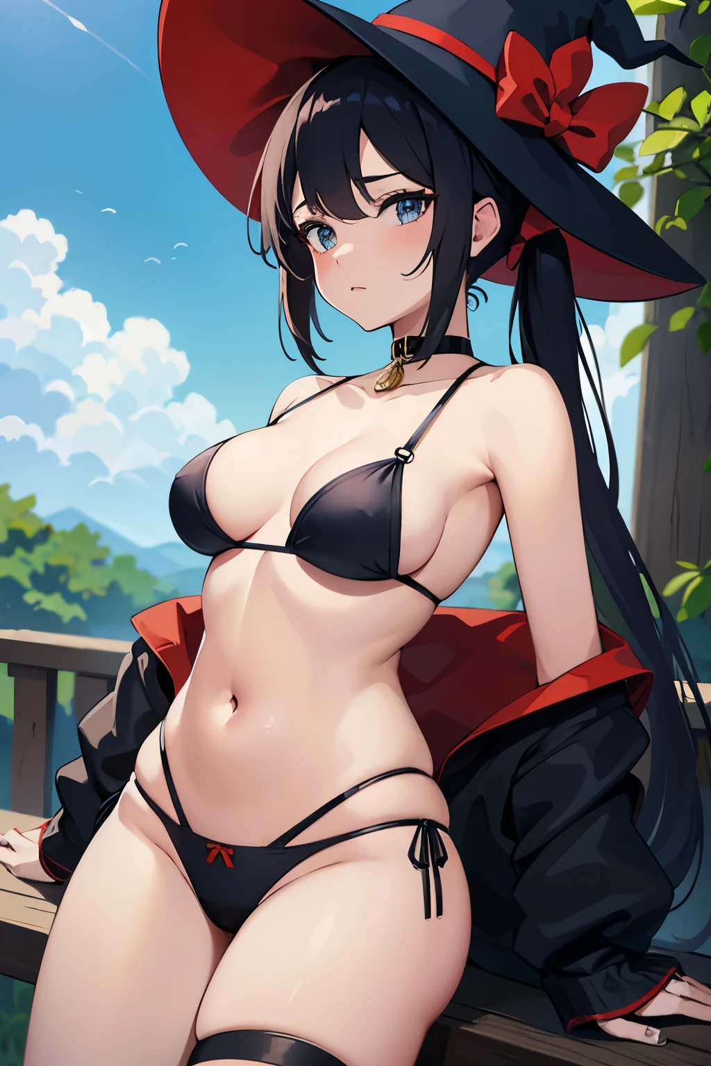 1 girl, Mona, genshin impact, two ponytails, dark blue witch hat, (black panties), (topless), she's tied up with red ropes, (bondage), tight red choker on her neck, ((black skin))