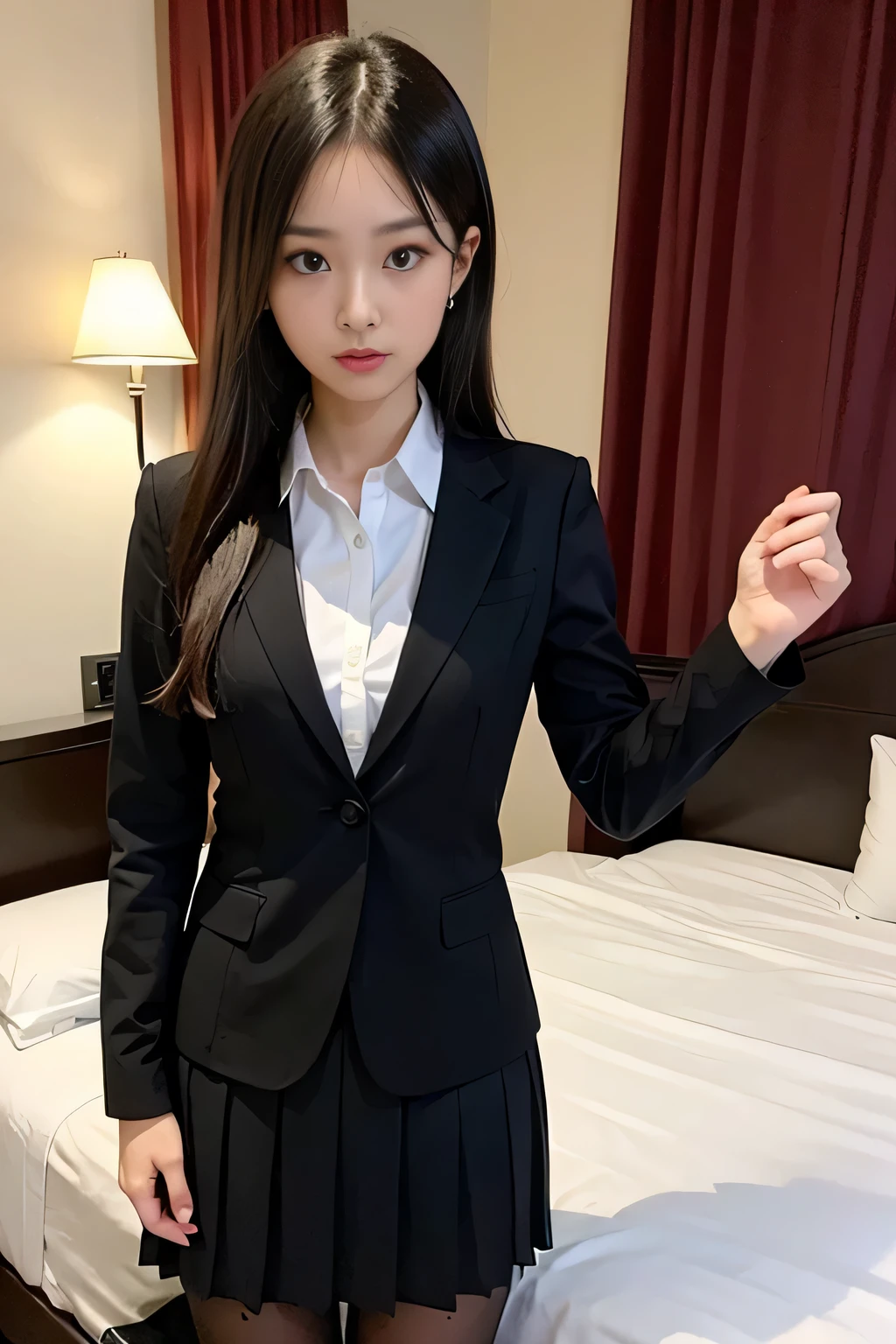 ((masterpiece:1.4))、((muste piece:1.4))、A woman with light brown hair、((Standing in a hotel bedroom wearing a short black pleated skirt:1.4))、very sexy costume, ((黒色のタイトなWearing a suitいる:1.4))、厳格なWearing a suitいる、Stylish and gorgeous cosplay, sexy costume,、((long sleeve blouse shirt with white collar:1.4))、ファッションWearing a suitいる、Wearing a suit, dressed properly、((黒色のタイトなWearing a suitいる:1.4))、sexy look, suit、((黒いWearing a suitいる:1.4))、((Girl with a troubled expression:1.4))、
