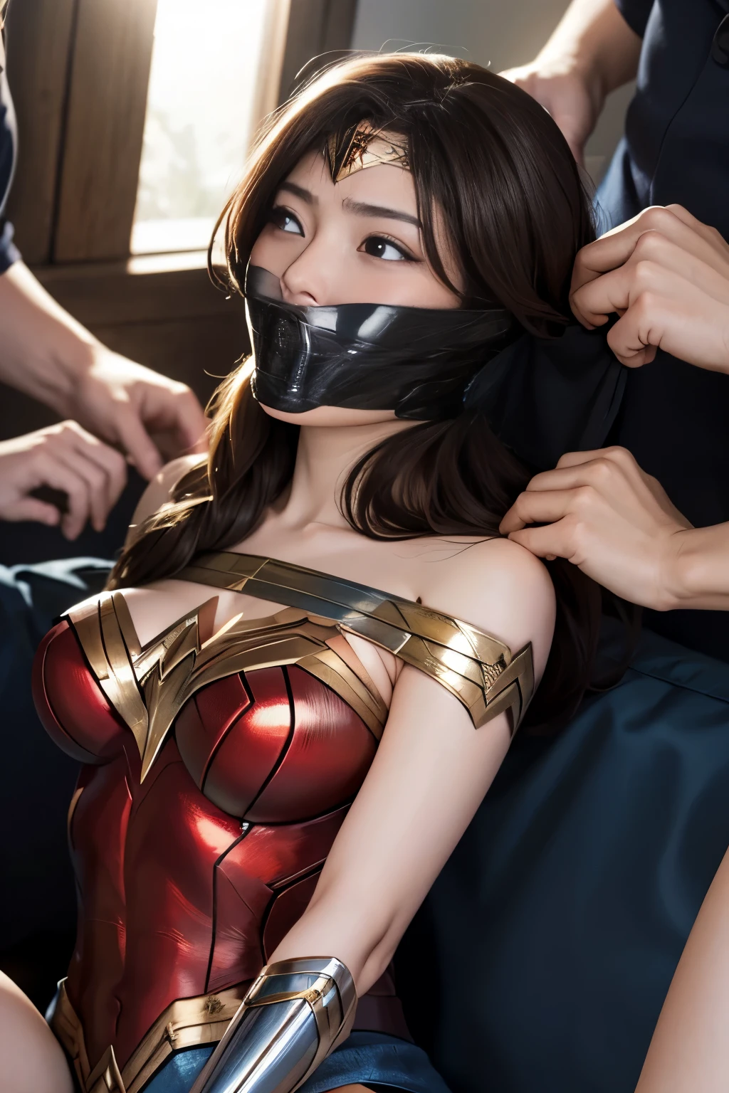 fall down,On your back,face down,lie down,perfect wonder woman costume,sleeping face,Close ~ eyes,tired face,face of suffering,sky face,sleeping face, being assaulted by a man,bullied by a man,molested by a man,Captured by a man,Detained by a man、My hair is pulled strongly,My head is grabbed,licked my hair,lick my face,brown hair, tape gag, gagged, duct tape, tape bondage, turn your arms behind your back, tied arms,masterpiece、beautiful girl、fine 目、puffy eyes、highest quality, 超High resolution, (reality: 1.4), movie lighting、Japanese、asian beauty、Korean、super beautiful、beautiful skin、(超reality的な)、(High resolution)、(8K)、(very detailed)、(beautiful and fine 目)、(Super detailed)、 (wall-)、detailed face、bright lighting、professional lighting、slanted bangeshi hair、brown hair、20-year-old、wonder woman cosplay,wonder woman tiara