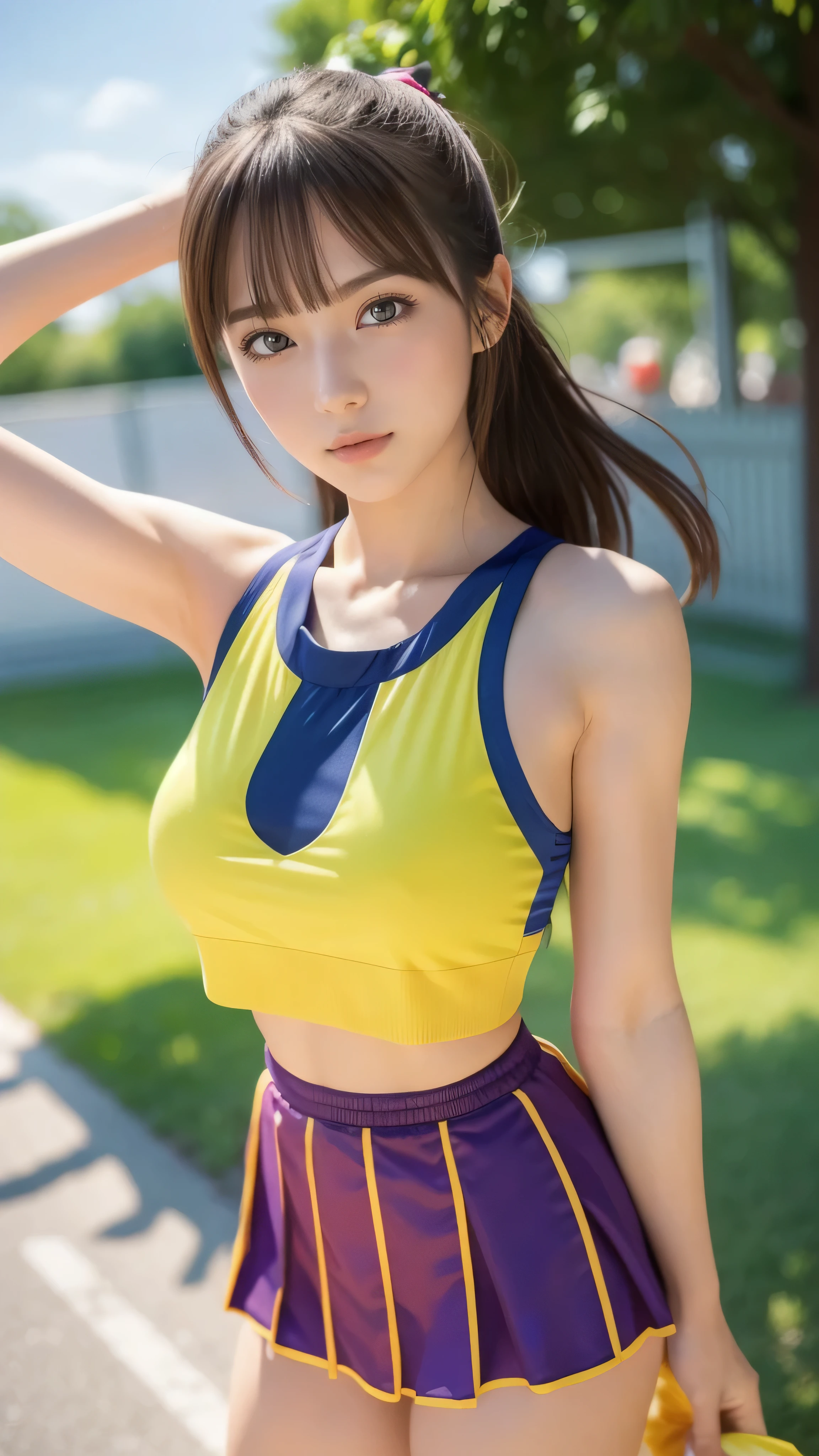 absurd, super detailed,bright colors,(8k:1.5),Masseter muscle part,very beautiful detailed face and eyes、summer morning、Ghibli,summer country road,25years old,cheerleader (stylish outfit)beautiful breasts, (dynamic posing)