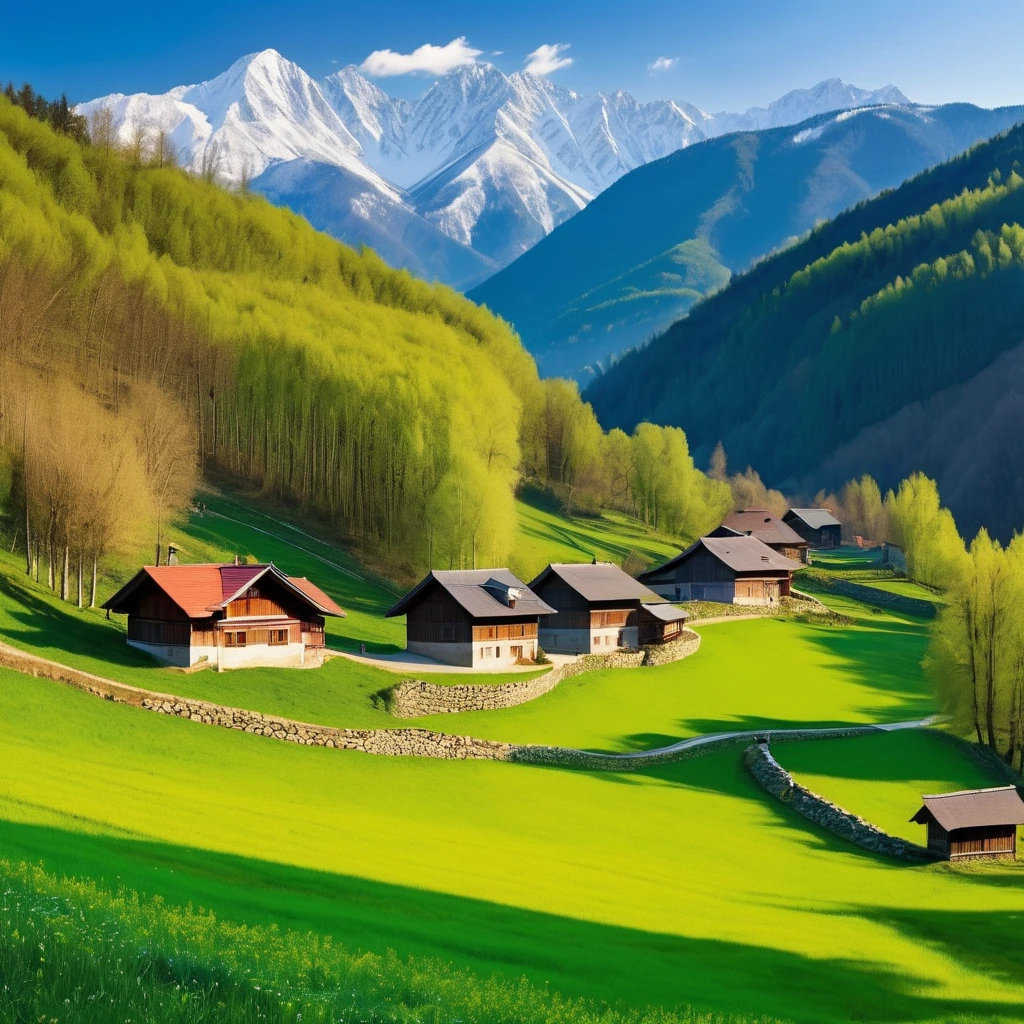 A spring morning in a village. Show scenic panoramic about the mountains and forest. Masterpiece, realistic photo