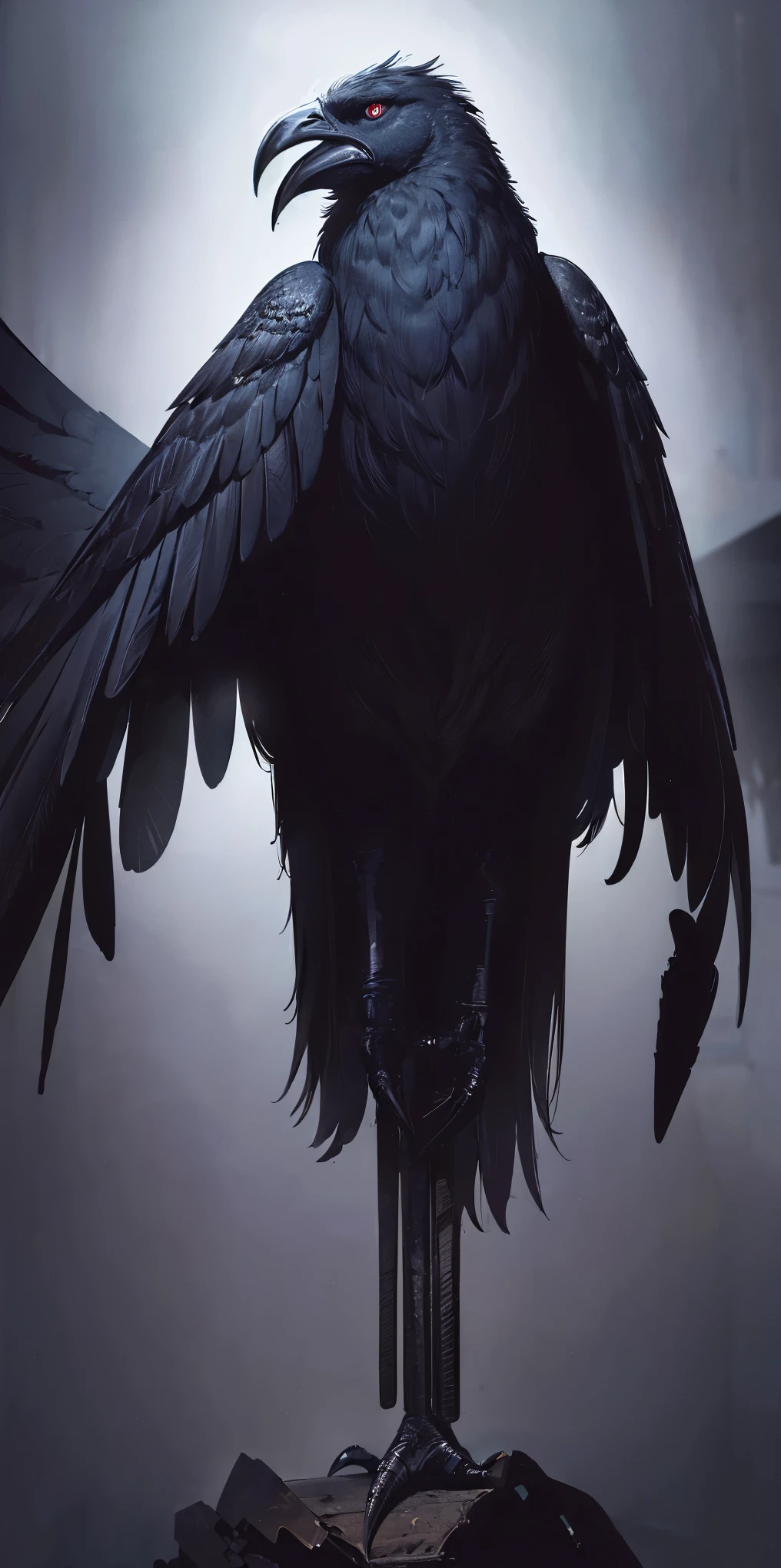 (best quality:1.2, ultra-detailed, realistic:1.37), black feathers, realistic portrait of a giant crow, dark and mysterious artistic style, intense lighting, vibrant colors