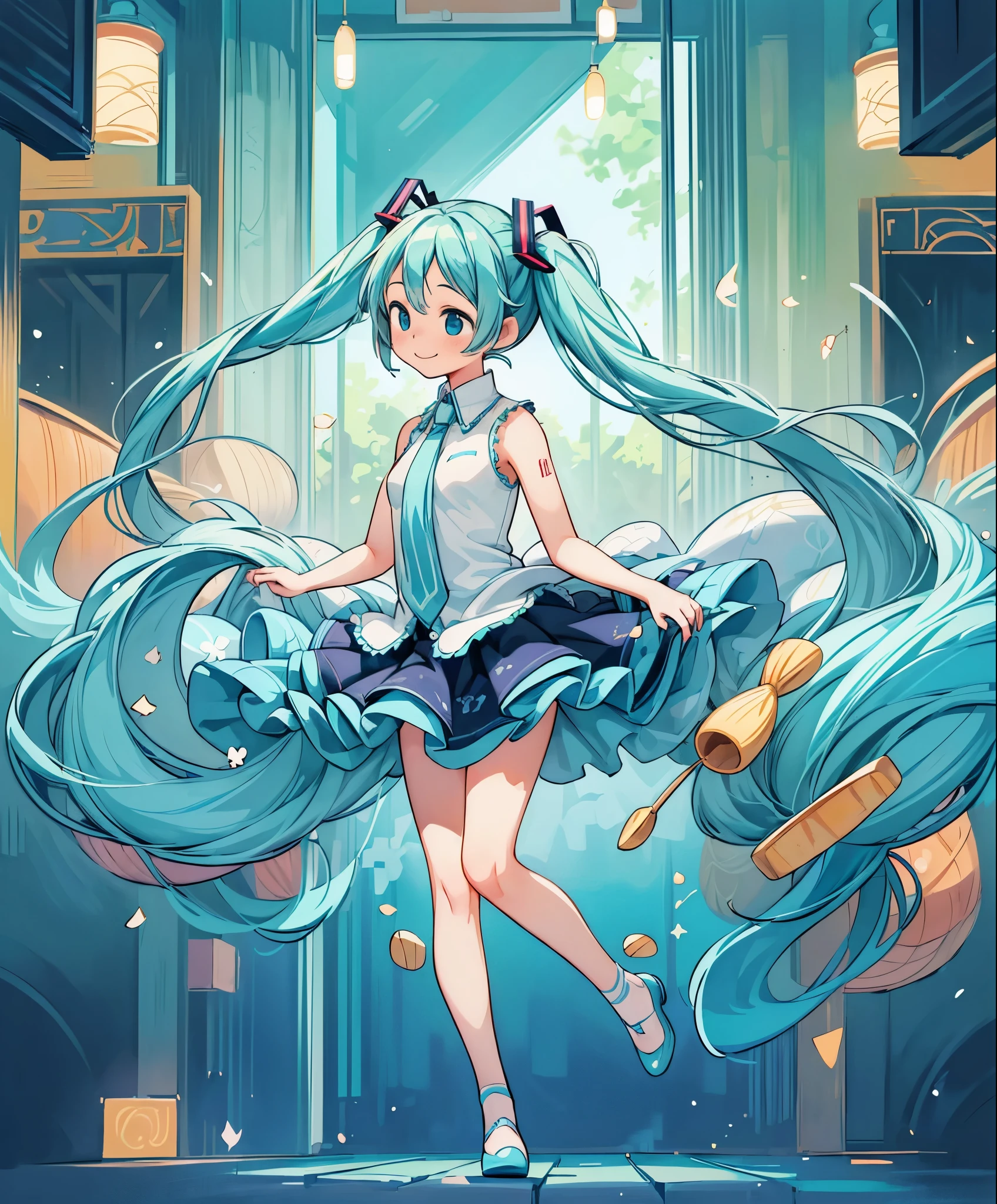 (masterpiece、highest quality、highest quality、official art、beautiful beautiful:1.2)、(1 girl:1.3)Hatsune Miku、twin tails,big breasts,(1 girl), (alone: 2.0), beautiful and charming anime girl, smile, beautiful blue eyes, beautiful proportions, Hatsune Miku, gentle expression, seductive anime girl, full body, arabic style dancer