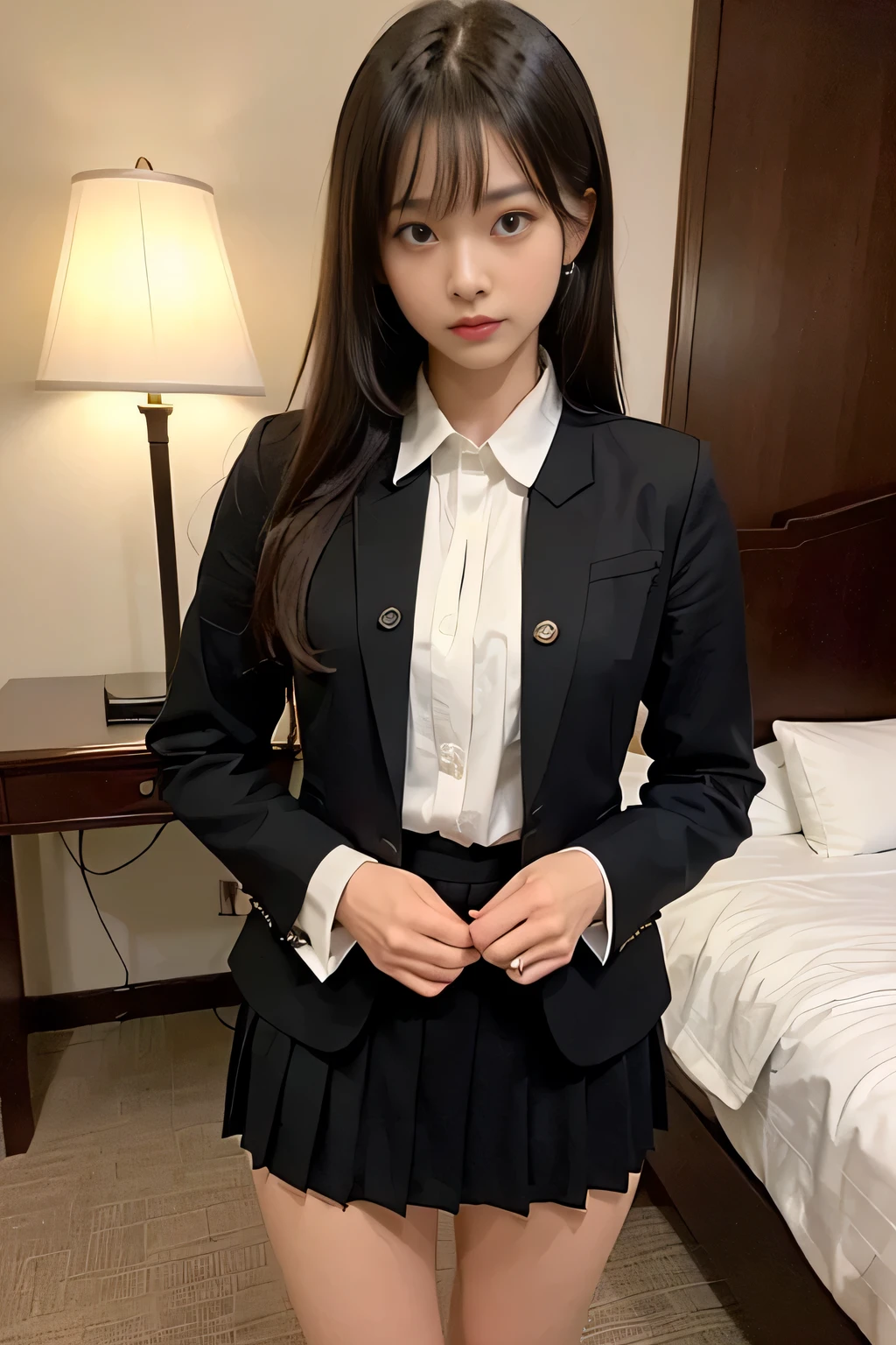 ((masterpiece:1.4))、((muste piece:1.4))、A woman with light brown hair、((Standing in a hotel bedroom wearing a short black pleated skirt:1.4))、very sexy costume, ((黒色のタイトなWearing a suitいる:1.4))、厳格なWearing a suitいる、Stylish and gorgeous cosplay, sexy costume,、((long sleeve blouse shirt with white collar:1.4))、ファッションWearing a suitいる、Wearing a suit, dressed properly、((黒色のタイトなWearing a suitいる:1.4))、sexy look, suit、((黒いWearing a suitいる:1.4))、((Girl with a troubled expression:1.4))、