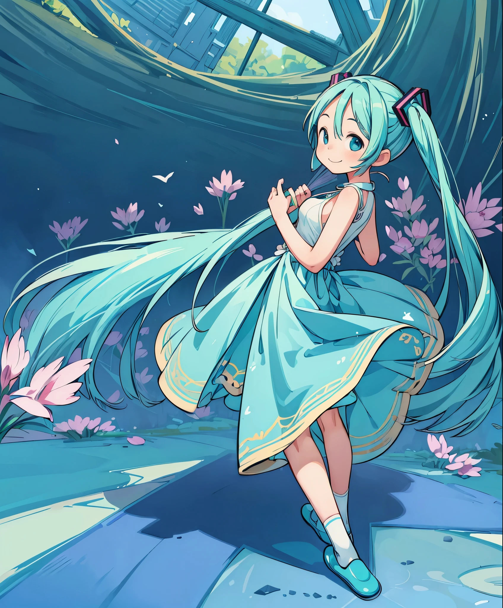 (masterpiece、highest quality、highest quality、official art、beautiful beautiful:1.2)、(1 girl:1.3)Hatsune Miku、twin tails,big breasts,(1 girl), (alone: 2.0), beautiful and charming anime girl, smile, beautiful blue eyes, beautiful proportions, Hatsune Miku, gentle expression, seductive anime girl, full body, arabic style dancer