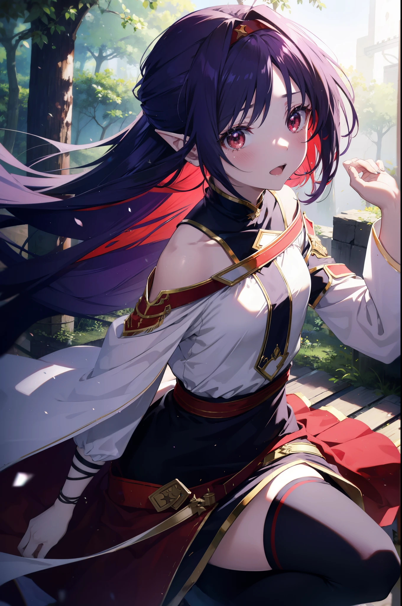 yuukikonno, Yuki Konno, hair band, long hair, pointed ears, purple hair, (red eyes:1.5), (small breasts:1.2), open your mouth,open your mouth,crying with both eyes closed,tears run down her face,
break black Thighhighs, removed sleeve, Thighhighs, dress, purple dress, armor, purple armor,
break looking at viewer, Upper body, full body,
break outdoors, forest, nature,
break (masterpiece:1.2), highest quality, High resolution, unity 8k wallpaper, (figure:0.8), (detailed and beautiful eyes:1.6), highly detailed face, perfect lighting, Very detailed CG, (perfect hands, perfect anatomy),