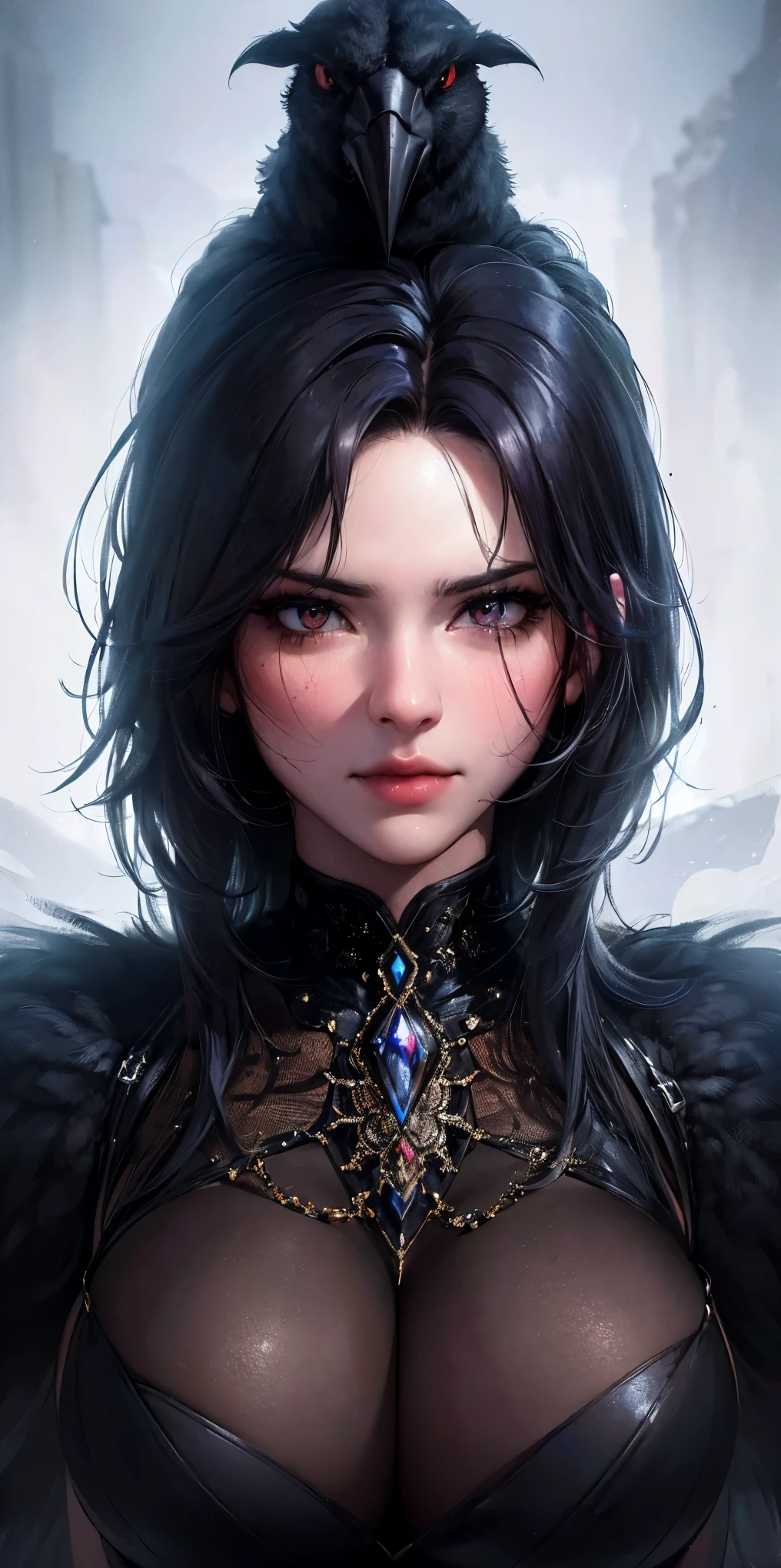(best quality:1.2, ultra-detailed, realistic:1.37), black feathers, realistic portrait of a giant crow, dark and mysterious artistic style, intense lighting, vibrant colors