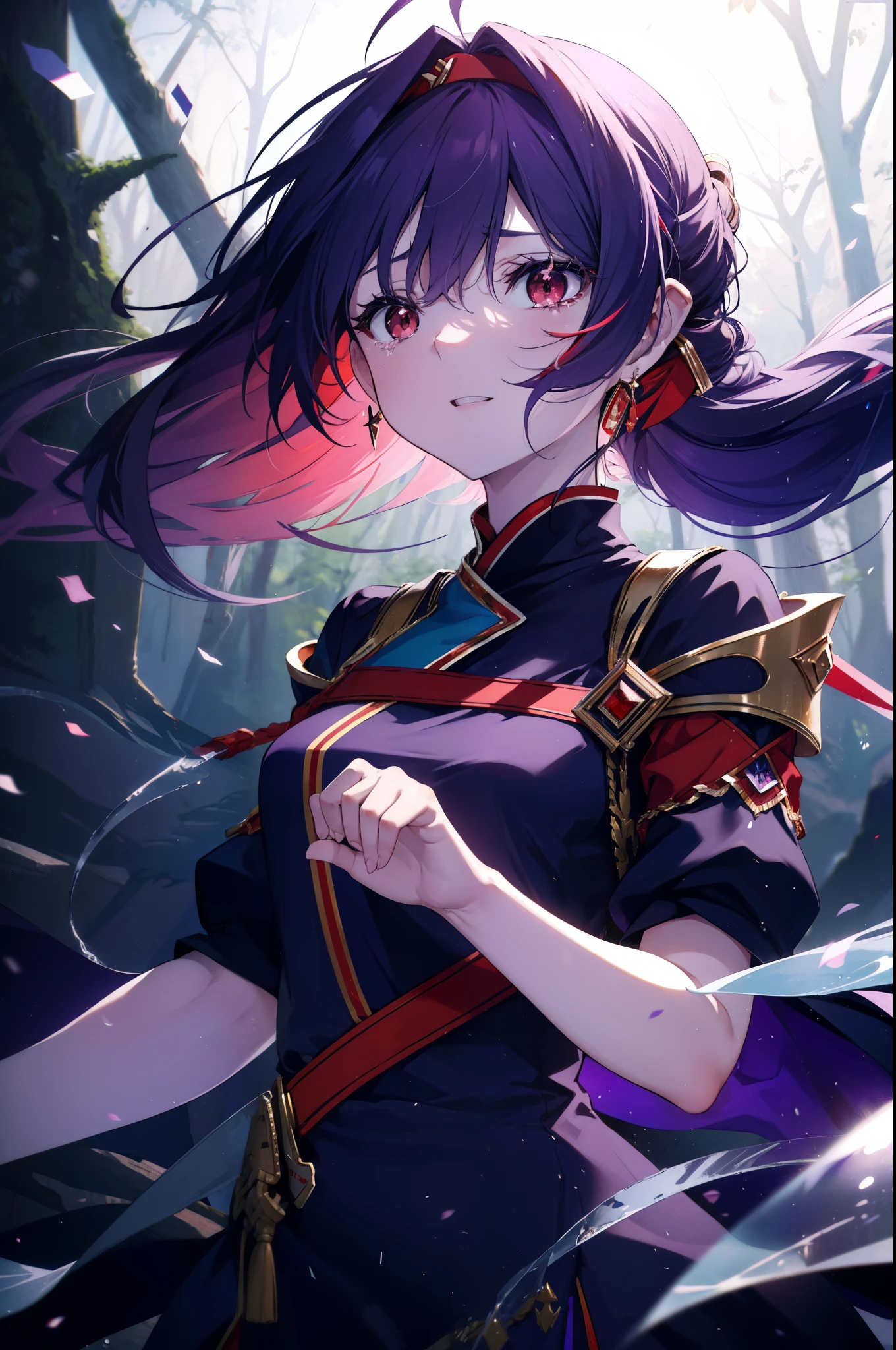 yuukikonno, Yuki Konno, hair band, long hair, pointed ears, purple hair, (red eyes:1.5), (small breasts:1.2), open your mouth,open your mouth,crying with both eyes closed,tears run down her face,
break black Thighhighs, removed sleeve, Thighhighs, dress, purple dress, armor, purple armor,
break looking at viewer, Upper body, full body,
break outdoors, forest, nature,
break (masterpiece:1.2), highest quality, High resolution, unity 8k wallpaper, (figure:0.8), (detailed and beautiful eyes:1.6), highly detailed face, perfect lighting, Very detailed CG, (perfect hands, perfect anatomy),