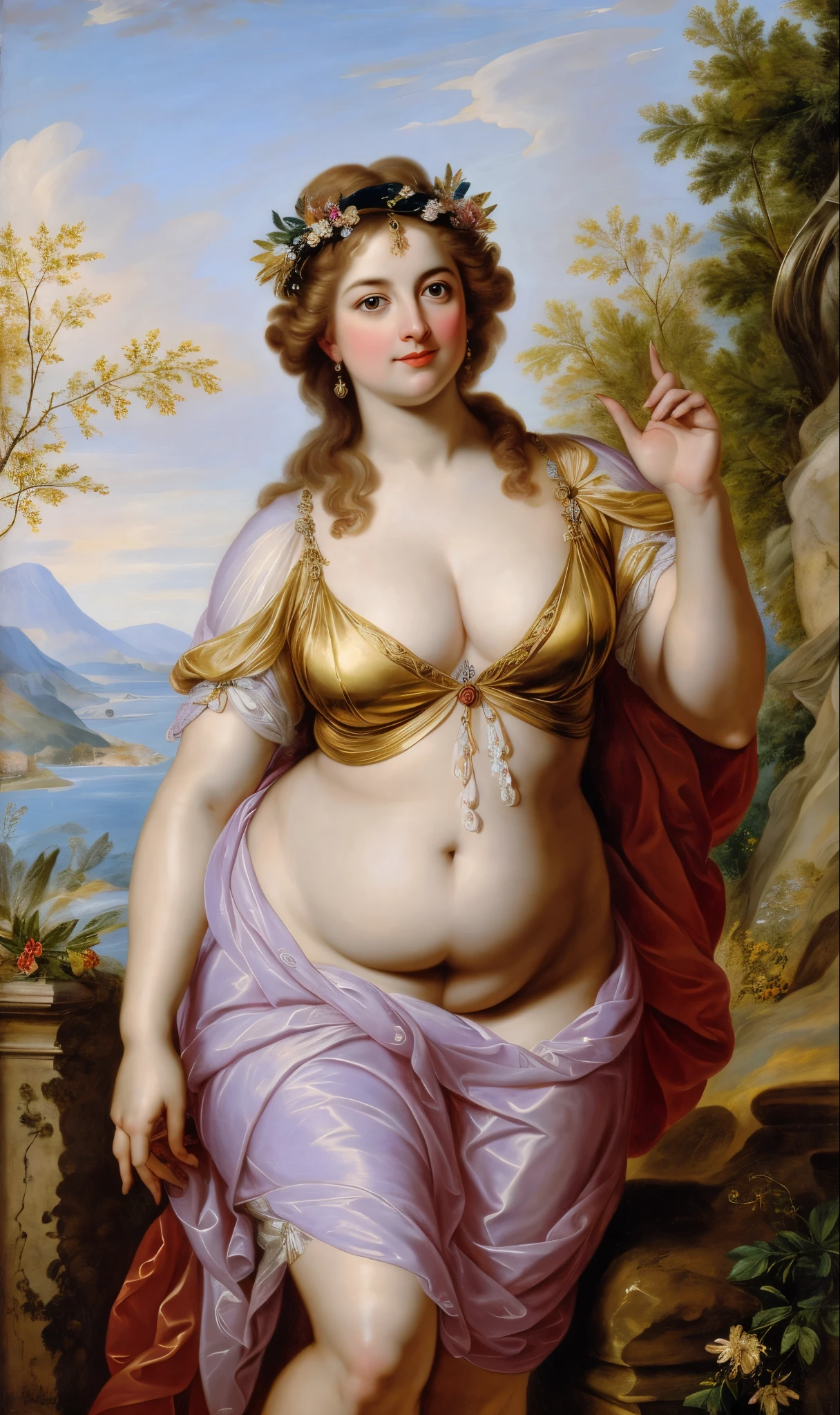 Original Character, ethereal beauty, aesthetic, Masterpiece, 45 years old Woman, thick figure, Full figured lady, middle aged beautiful woman, Best quality, high clarity eyes, critically flawless,sharp picture, styled hair, long hair, fluffy hair, Full portrait, High pixels, perfect face, perfect eyes, beautiful face, perfect hands,perfect fingers, in Peter Paul Rubens style, by Peter Paul Rubens, baroque style, acrylic on canvas, highly detailed, description: "Create a nymph inspired by the tales of Greek or Roman mythology, embodying the essence of a natural element or location, and possessing a unique ability or trait that sets her apart."