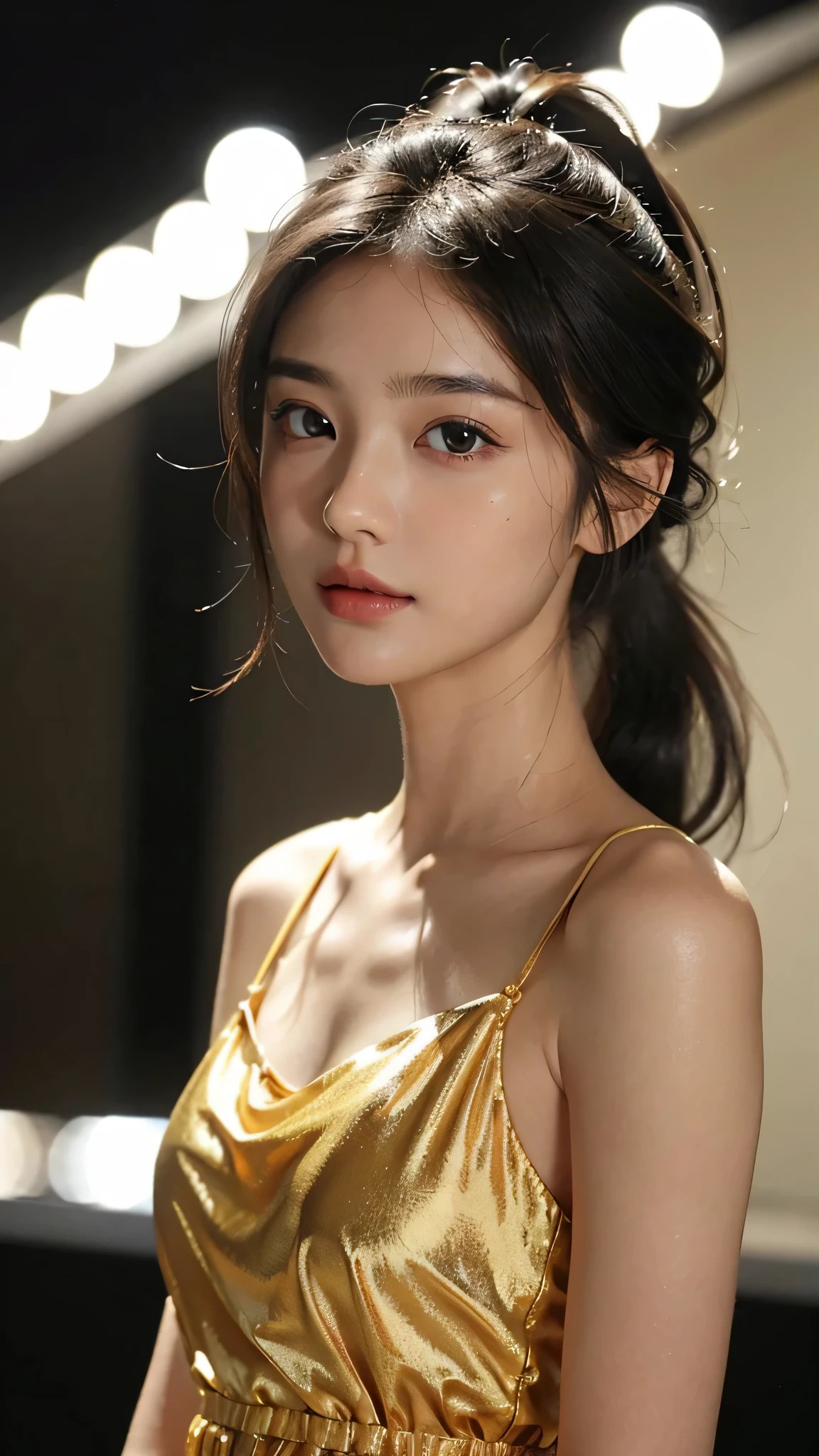 One woman,fully body photo,masutepiece, The highest image quality, High quality, the background is clear,Beautiful woman, Japanese, Detailed, Detailed eyes, Detailed skin, Beautiful skin, 超hight resolution, (reality: 1.4),Very beautiful woman, Slightly younger face, Beautiful skin, slender, (Ultra photo realsisim), (hight resolution), (8K), (Very detailed) (beautifully detailed eyes), (super detailed), (Detailed face), view the viewer, Fine details, Detailed face, Staring straight ahead, Staring straight ahead, photos realistic, Bright lighting, Professional Lighting, Black hair,poneyTail,a baby face,sixteen years old,Hairstyle is ponytail,long ponytail hairstyle,slight smile,Orange colored long dress with lots of ruffles, softly shaped skirt,Spotlight on stage,close-up of face,