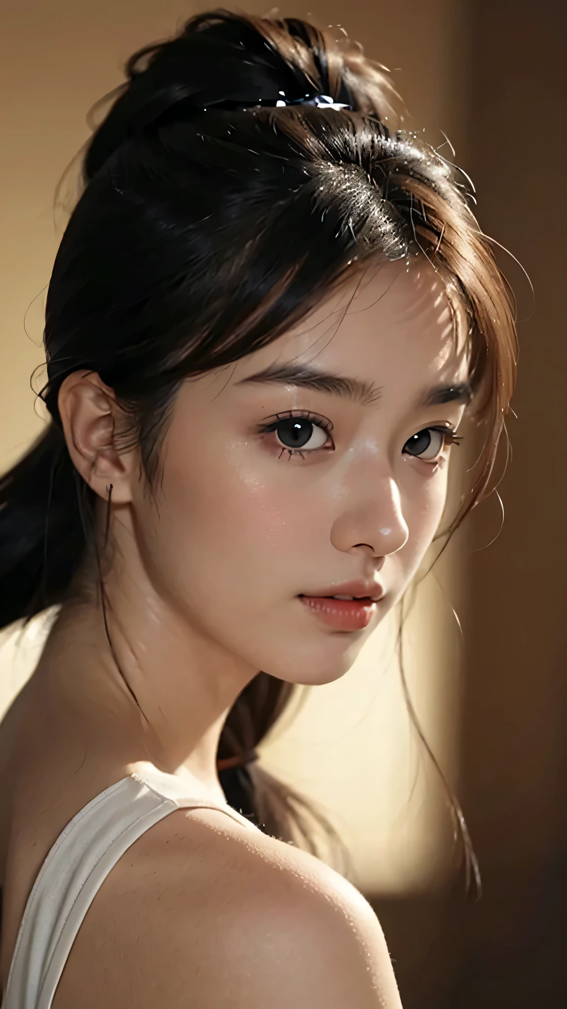 One woman,fully body photo,masutepiece, The highest image quality, High quality, the background is clear，Beautiful woman, Japanese, Detailed, Detailed eyes, Detailed skin, Beautiful skin, 超hight resolution, (reality: 1.4),Very beautiful woman, Slightly younger face, Beautiful skin, slender, (Ultra photo realsisim), (hight resolution), (8K), (Very detailed) (beautifully detailed eyes), (super detailed),   (Detailed face), view the viewer, Fine details, Detailed face, Staring straight ahead, Staring straight ahead, photos realistic, Bright lighting, Professional Lighting, Black hair,poneyTail,a baby face,sixteen years old,Hairstyle is ponytail,long ponytail hairstyle,slight smile,Orange colored long dress with lots of ruffles, softly shaped skirt,Spotlight on stage,close-up of face, 