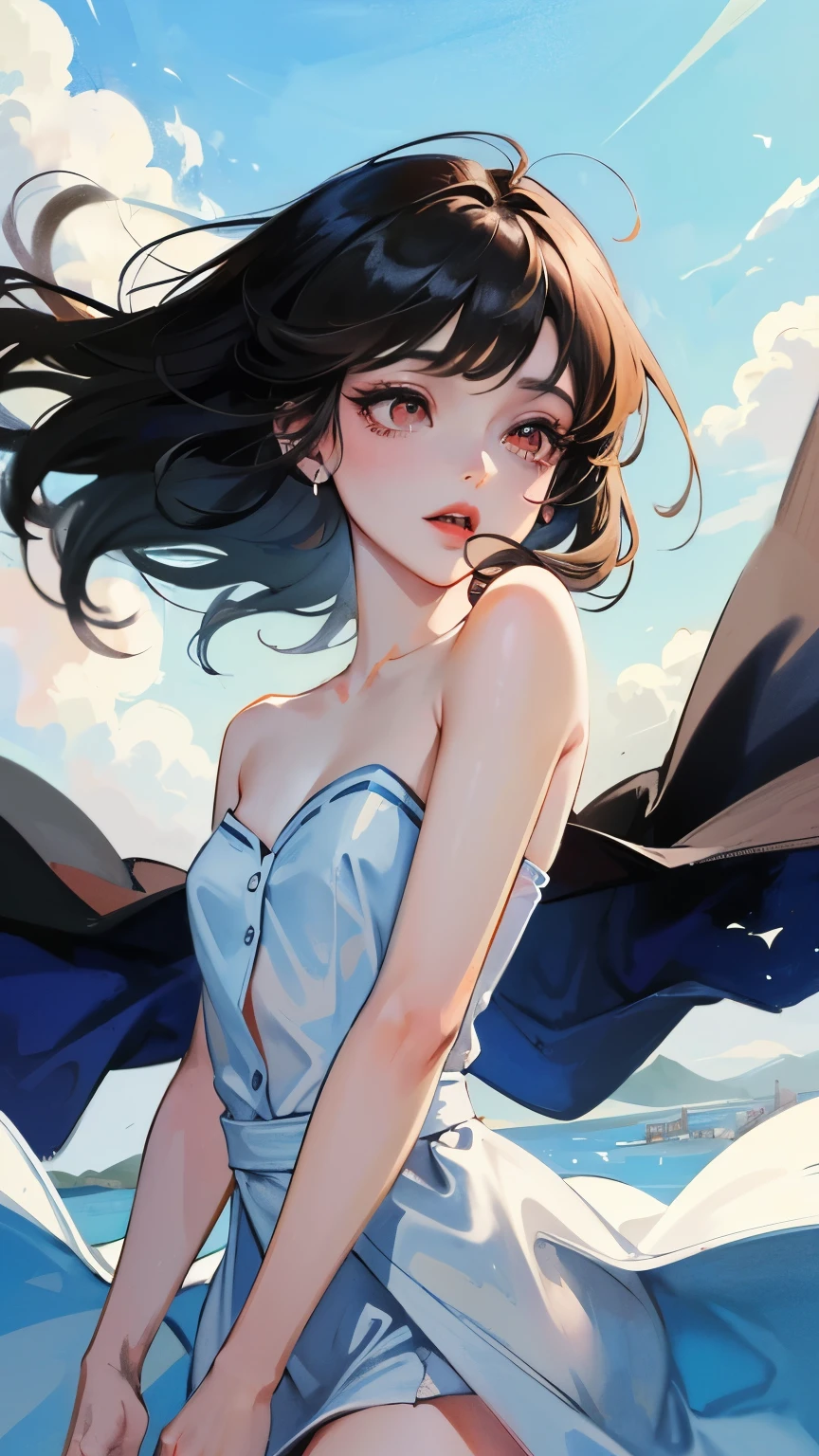 young girl black hair short hair red eyes irreverent face look down thin body thin thighs small breasts small ass toned body blue sky cloud hair blowing in the wind high quality High resolution 8K vampire watercolor natural feel bridge of the nose ((最high quality)), ((masterpiece)), (get used to it), dignified face grassland close up of face Beautiful as a goddess whole face lipstick eye shadow naked ID photo style long eyelashes Accurate No decoration Bare skin No accessories 8 life size can'I can' landscape painting creative Princess Peach landscape