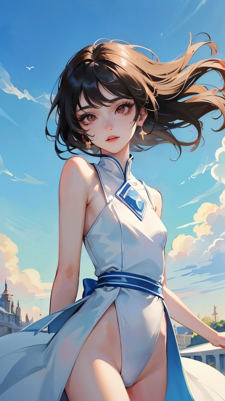 young girl　black hair　short hair　red eyes　irreverent face　look down　thin body　thin thighs　small breasts　small ass　toned body　blue sky　cloud　hair blowing in the wind　high quality　High resolution　8K　vampire　watercolor　natural feel　bridge of the nose　((最high quality)), ((masterpiece)), (get used to it), dignified face　grassland　close up of face　Beautiful as a goddess　whole face　lipstick　eye shadow　naked 　ID photo style　long eyelashes　Accurate　No decoration　Bare skin　　No accessories　　8 life size　can&#39;I can&#39;　landscape　painting　　creative　Princess Peach　landscape