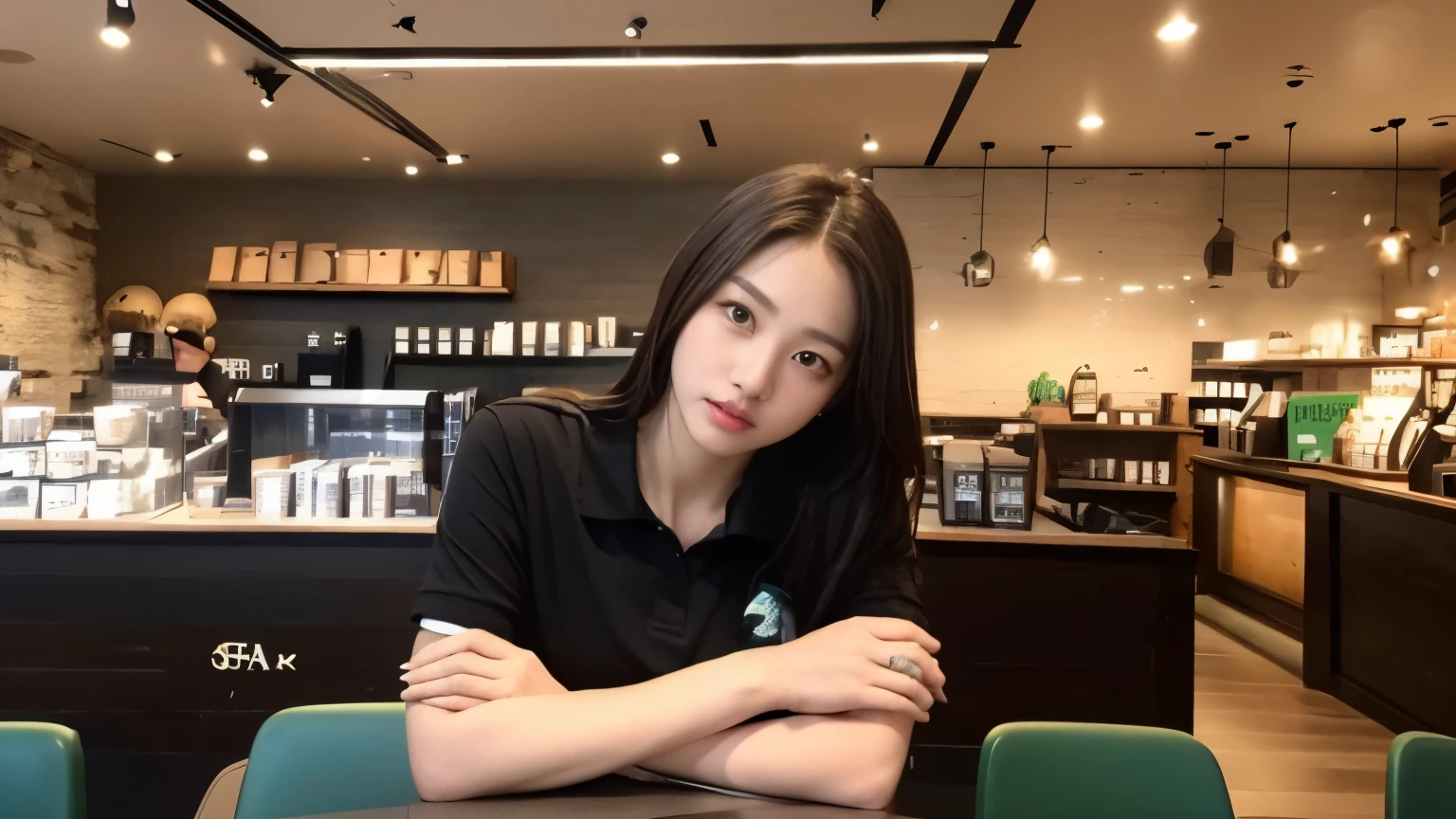 ((highest quality、8K、masterpiece:1.3))、sharp focus:1.2、beautiful woman with perfect body:1.4、(black polo shirt)、(Inside the Starbucks store:1.2)、Highly detailed face and skin texture、 detailed eye、double eyelid、sunburned肌、Sexy、sunburned