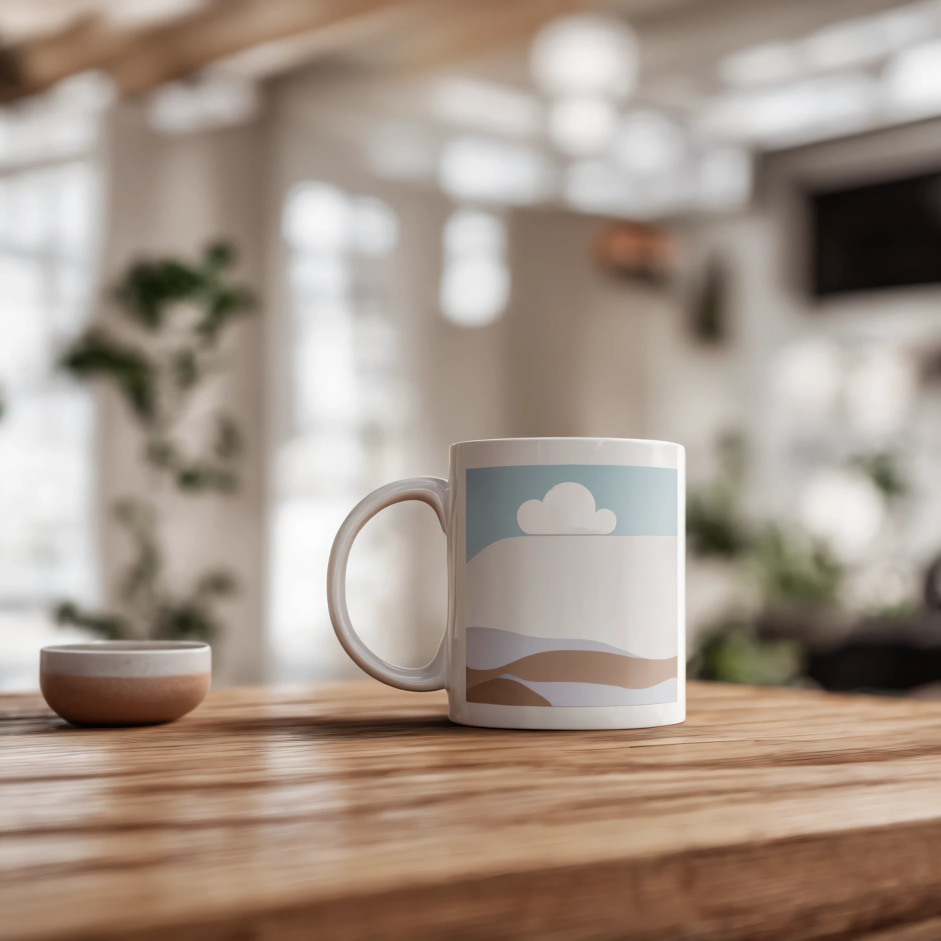 a photo of white mug standing on a wooden desk in a boho interior, realistic, profesional looking, sony a7r photo, shallow depth of field, bright, aesthetic