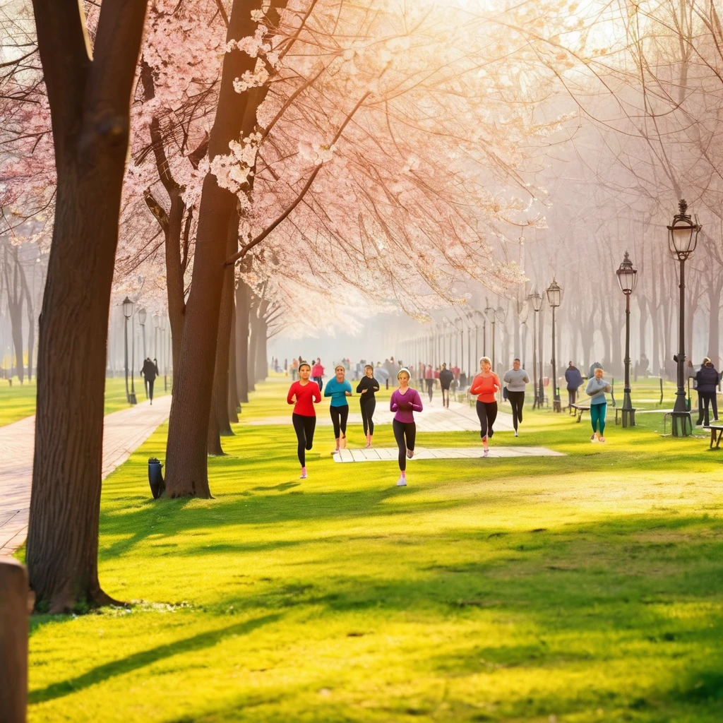 A spring morning on a park. Masterpiece, realistic photo. Peoples jogging near the park. Many peoples doing yoga in the park