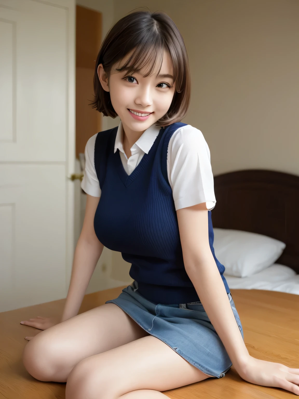 table top、highest quality、figure、 Super detailedな、High resolution、8K wallpaper、Perfect dynamic composition figure,、detailed and beautiful eyes、natural color lips、bold sexy pose、smile、Harajuku、20 year old girl、cute、Check out the sexy shots from the lens、(highest quality: 1.3), (master piece: 1.3), (Super detailed: 1.3), (wallpaper, One woman: 1.1), (delicate hands and fingers:1.2)、(Detailed super oily shiny skin:1.1)、Thighs shiny with oil、(perfect uniform:1.3)、Short sleeve Y shirt、(Navy Blue Sleeveless Sweater Vest:1.2)、(beautiful big breasts:1.3)、(red checked miniskirt:1.2)、sit with legs spread、brown hair、short hair、ponytail、beautiful sister、My childhood sweetheart's boy's room、sitting on the bed