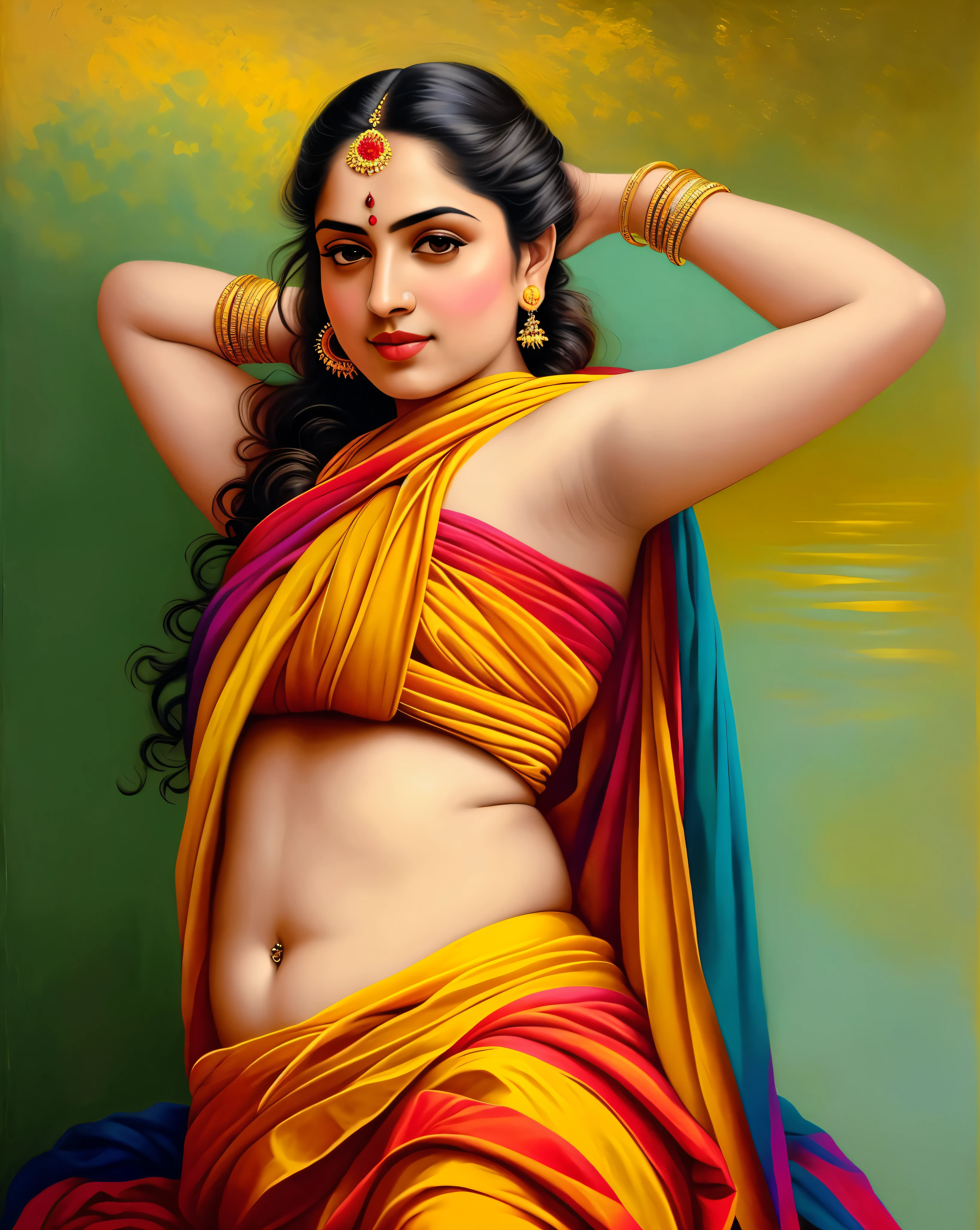 Reclining Nair Lady by artist Raja Ravi Varma, Realistic, 8K, ultra-detailed, intricate,Unreal Engine, midjourney art style impressionism, abstract, (oil painting , dry brushstrokes), negative space, vibrant colours, extremely beautiful lady, gorgeous, perfect thick healthy figure,