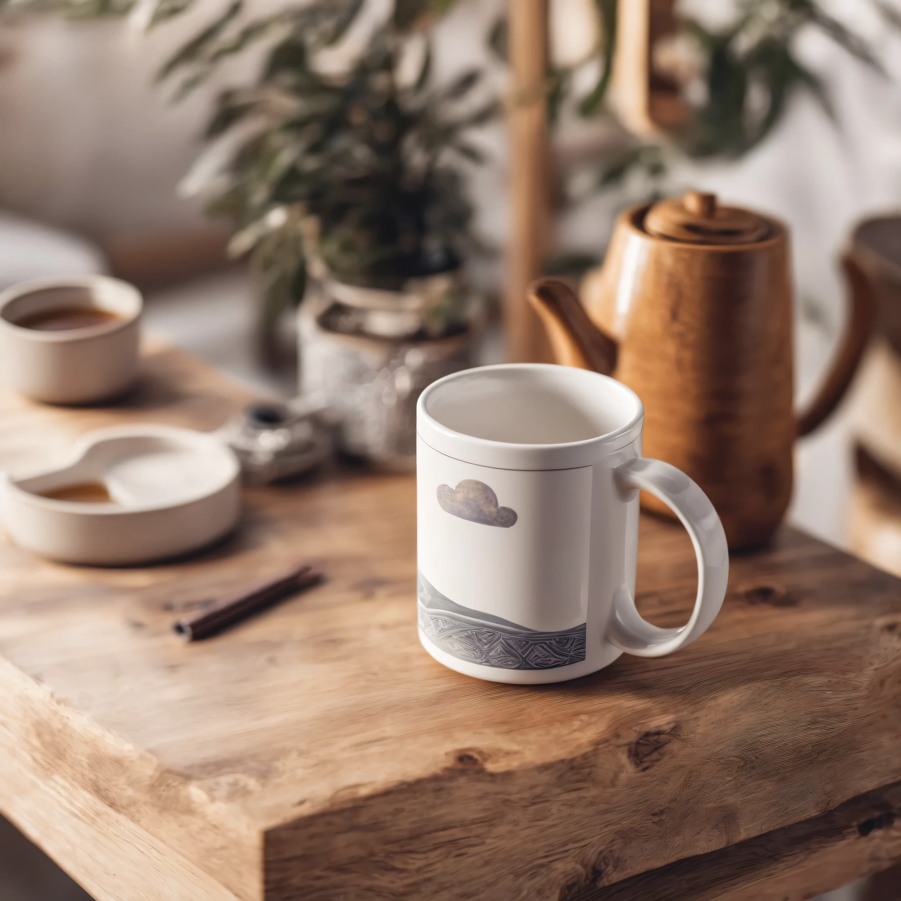 a photo of white mug standing on a wooden desk in a boho interior, realistic, profesional looking, sony a7r photo, shallow depth of field, bright, aesthetic