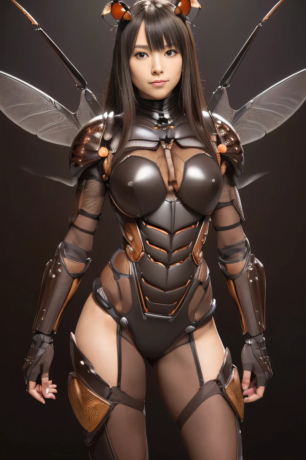 (high resolution,masterpiece,best quality,extremely detailed CG, anime, official art:1.4), realistic, photo, amazing fine details, all intricate, gloss and shiny,awesome many layers, 8k wall paper, 3d, sketch, kawaii, illustration,( solo:1.4), perfect female proportion,villainess, (fusion of dark brown cockroach and lady:1.4), (brown cockroach form lady:1.2), (brown cockroach lady:1.2), (fusion:1.2), (solo:1.4), (evil smile:1.2), muscular, abs, (cockroach brown exoskeleton bio insect suit:1.4), (cockroach brown exoskeleton bio insect armor:1.2), (brown transparency cockroach wing:1.4), (brown cockroach antennae:1.3),