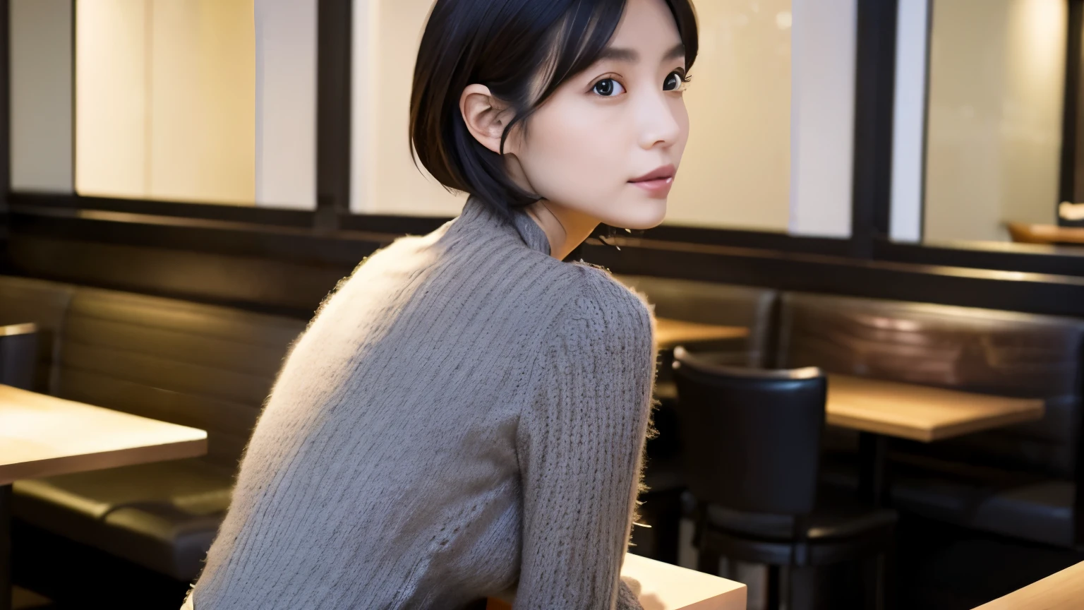 japanese woman, Beauty salon model 30 years old, slender body shape, small breasts, very thin waist, beautiful face, beautiful eyes, black short hair, She wears tight, Short gray knit dress with open back design., Sitting in a fashionable café, look back at you kindly, 1 girl, alone, detailed face and eyes, small fingers and arms. full body photo. realistic, realistic.