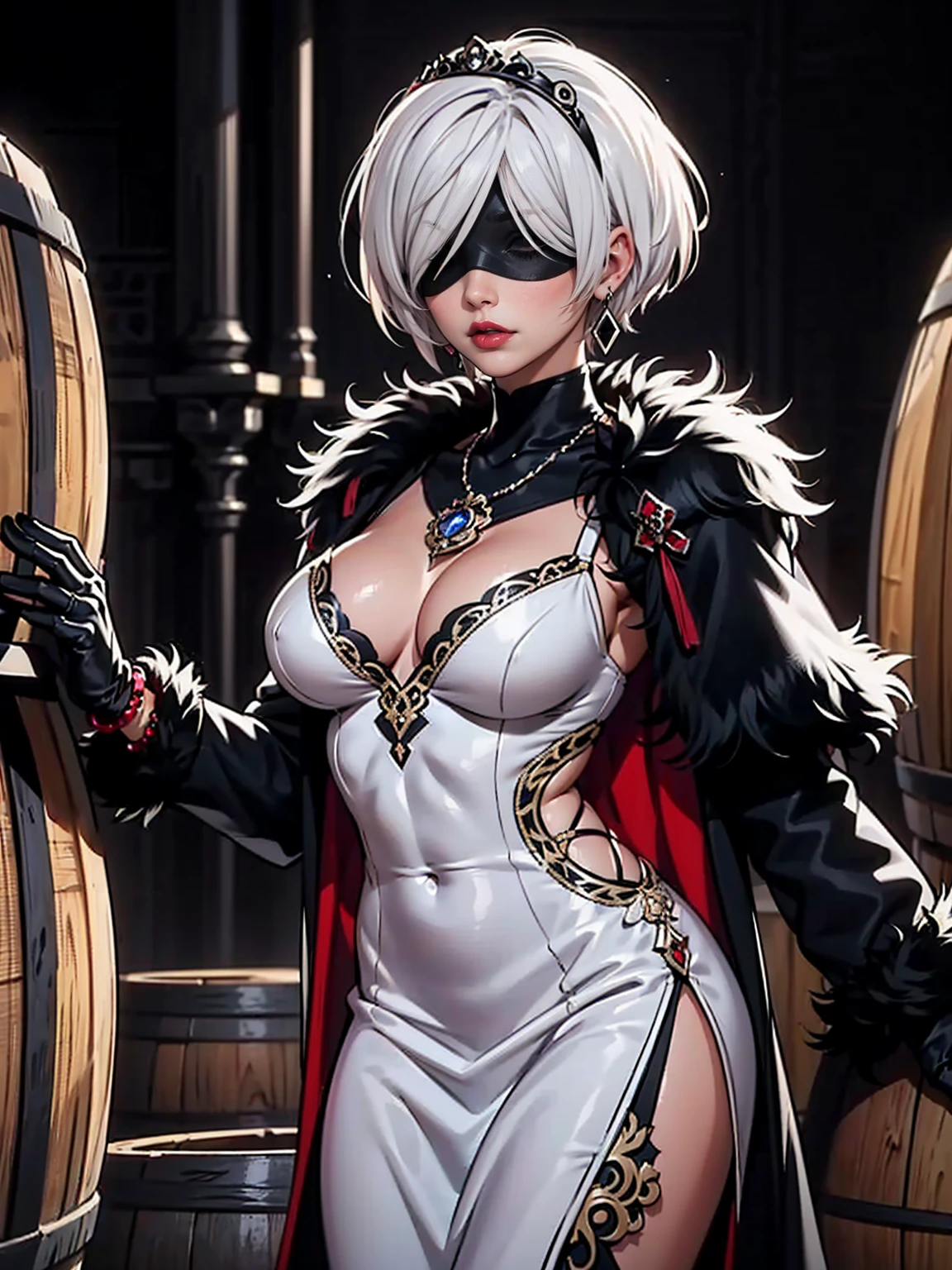((1girl, solo, alone, yorha no.2 type b, blindfolded 2B, short hair, black blindfold, pink lipstick, black tiara, white hair, (muscular, fitness), ((serious expression, austere)), ((royal red dress, ornate long dress, red dress)), sexy red dress)), (((black fur coat:1.4), (ornate dress))), bracelet, winery,wine barrels backgroudn, standing on a barrel, sexy pose)), gloves, leather gloves, bracelets, amethyst necklace, hoop earrings))