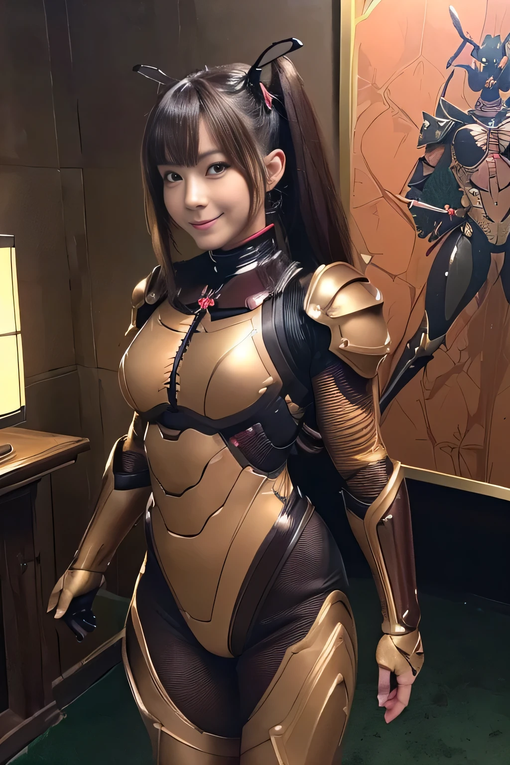 (high resolution,masterpiece,best quality,extremely detailed CG, anime, official art:1.4), realistic, photo, amazing fine details, all intricate, gloss and shiny,awesome many layers, 8k wall paper, 3d, sketch, kawaii, illustration,( solo:1.4), perfect female proportion,villainess, (fusion of dark brown cockroach and lady:1.4), (brown cockroach form lady:1.2), (brown cockroach lady:1.2), (fusion:1.2), (solo:1.4), (evil smile:1.2), muscular, abs, (cockroach brown exoskeleton bio insect suit:1.4), (cockroach brown exoskeleton bio insect armor:1.2), (brown transparency cockroach wing:1.4), (brown cockroach antennae:1.3),