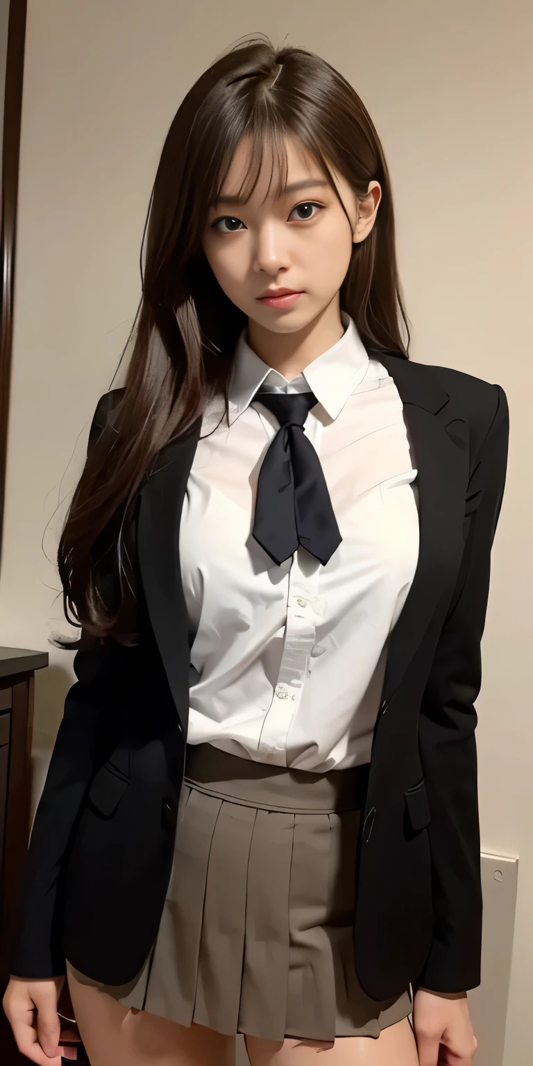 ((masterpiece:1.4))、((pieces fly:1.4))、((woman with long light brown hair:1.4))、((Wearing a short black pleated skirt:1.4))、((黒色のタイトなWearing a suitいる:1.4))、((standing in a hotel bedroom))、very sexy costume, 厳格なWearing a suitいる、Stylish and gorgeous cosplay, sexy costume, ファッションWearing a suitいる, Wearing a suit, dressed properly、((黒色のタイトなWearing a suitいる:1.4))、sexy look, suit、((黒いWearing a suitいる:1.4))、黒いWearing a suitいる、((confused look:1.4))、