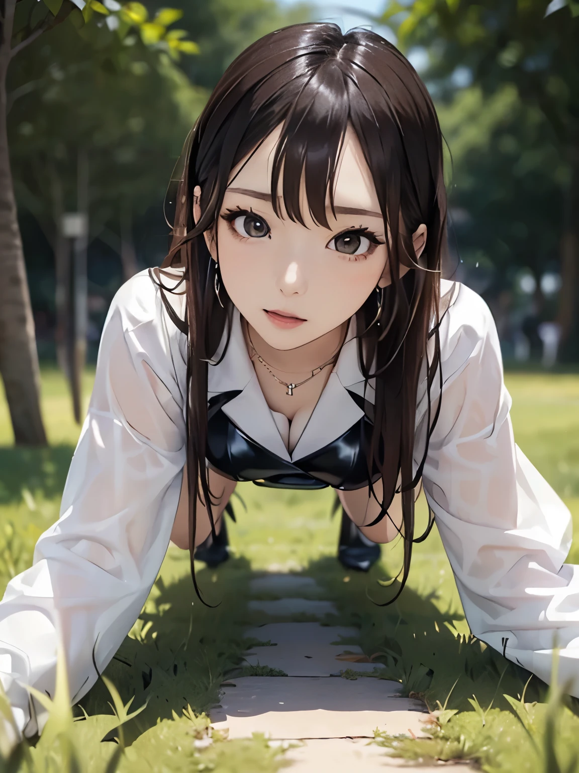 ((Biologically correct number of limbs))、(( from head to toe、Full body photo including face))、4K、((standing position))、masterpiece、((focus on the face))、((Symmetrical facial features))、Eyes of minute description、Beautiful woman、outstanding style、beautiful arms、beautiful legs、beautiful hands、(small ass、thin thighs)、Detailed depiction of faces、small earrings、necklace、(latex uniform、latex skirt、high heels、stockings)、The background is the park in the morning、crawling on all fours、Photographed from the butt direction、