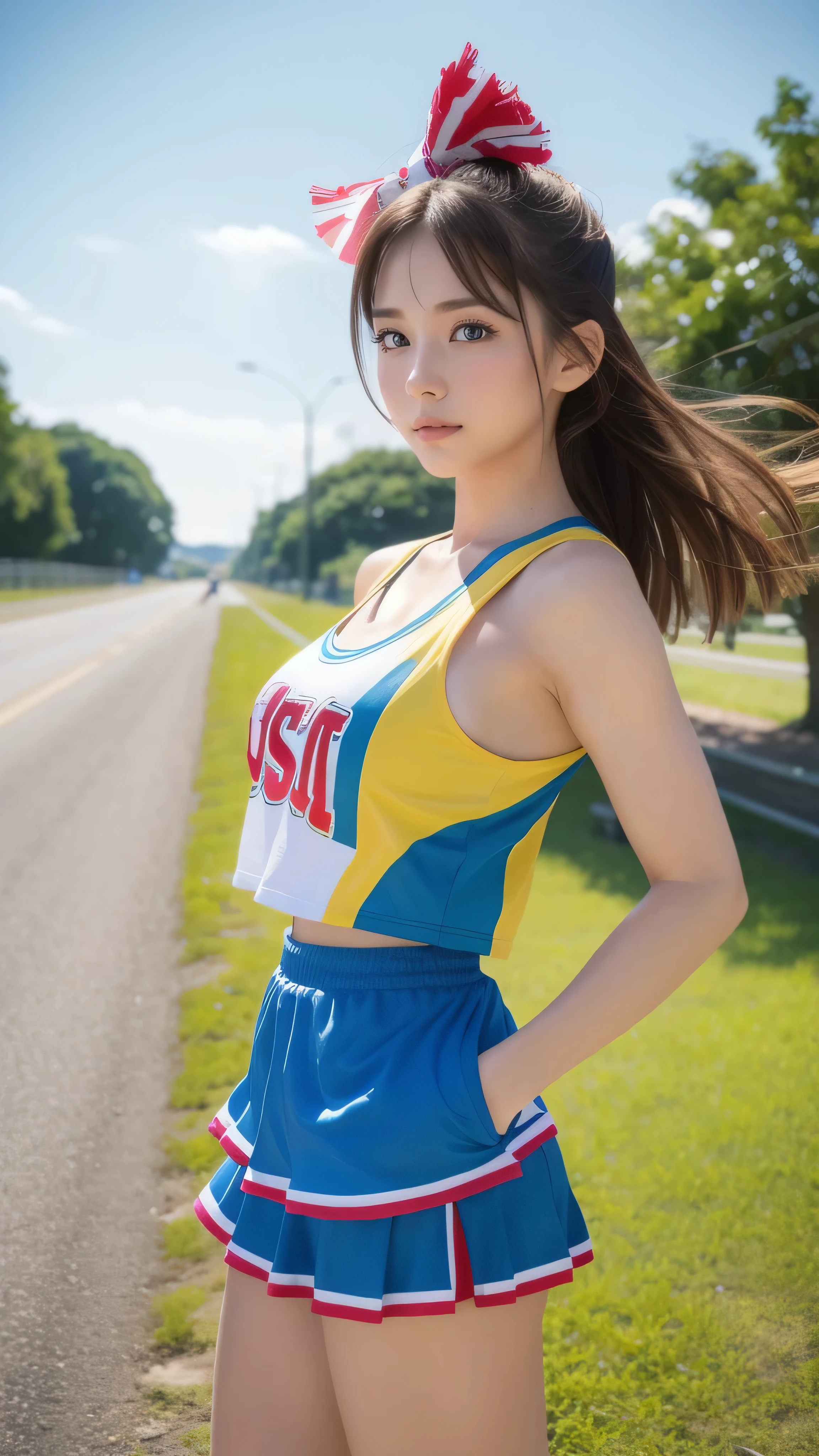 absurd, super detailed,bright colors,(8k:1.5),Masseter muscle part,very beautiful detailed face and eyes、summer morning、Ghibli,summer country road,25years old,cheerleader (stylish outfit)beautiful breasts, (dynamic posing)