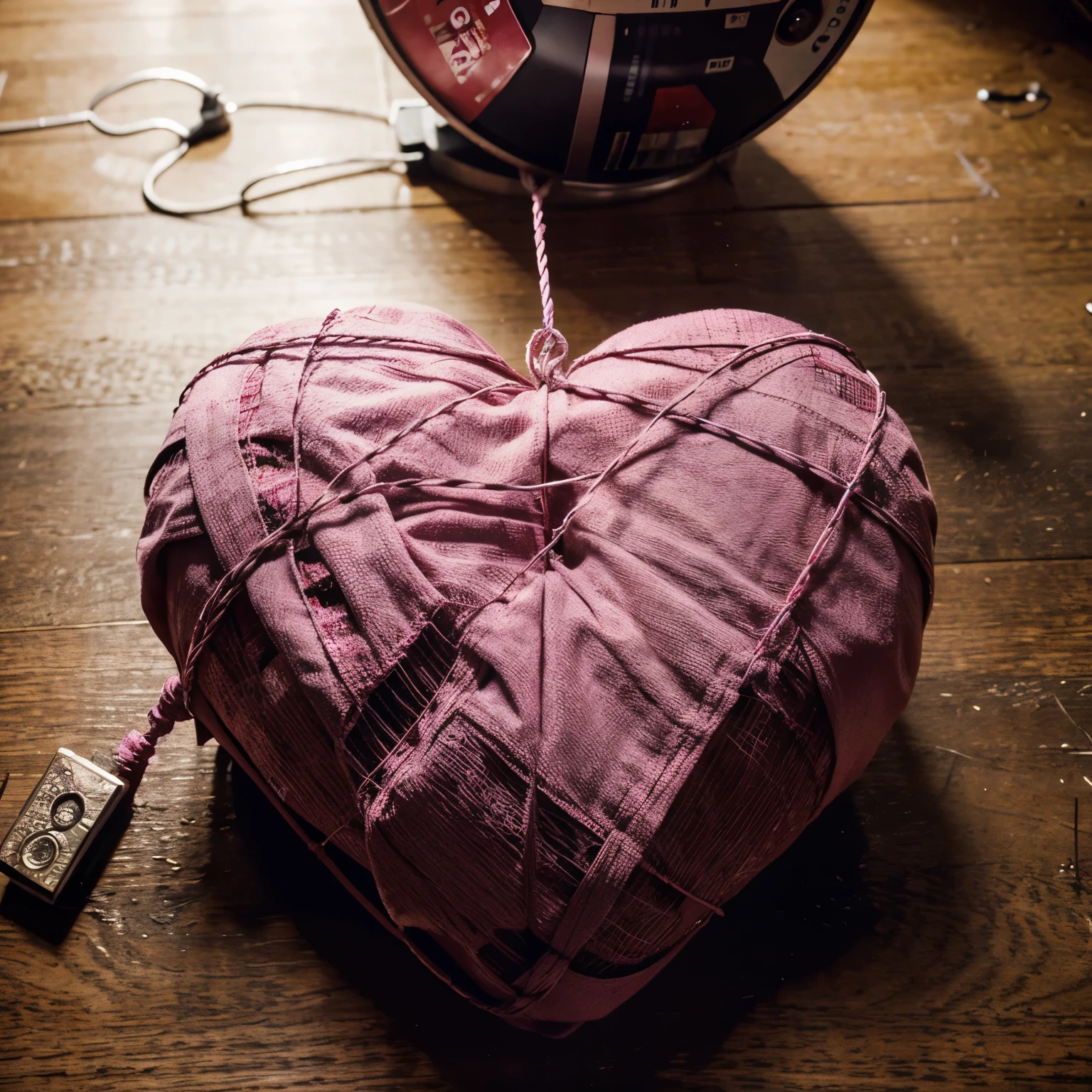 Photo , pink audio cassette from the 90s , There is barbed wire wrapped around the cassette , film from a cassette creates a heart pattern , 4K 