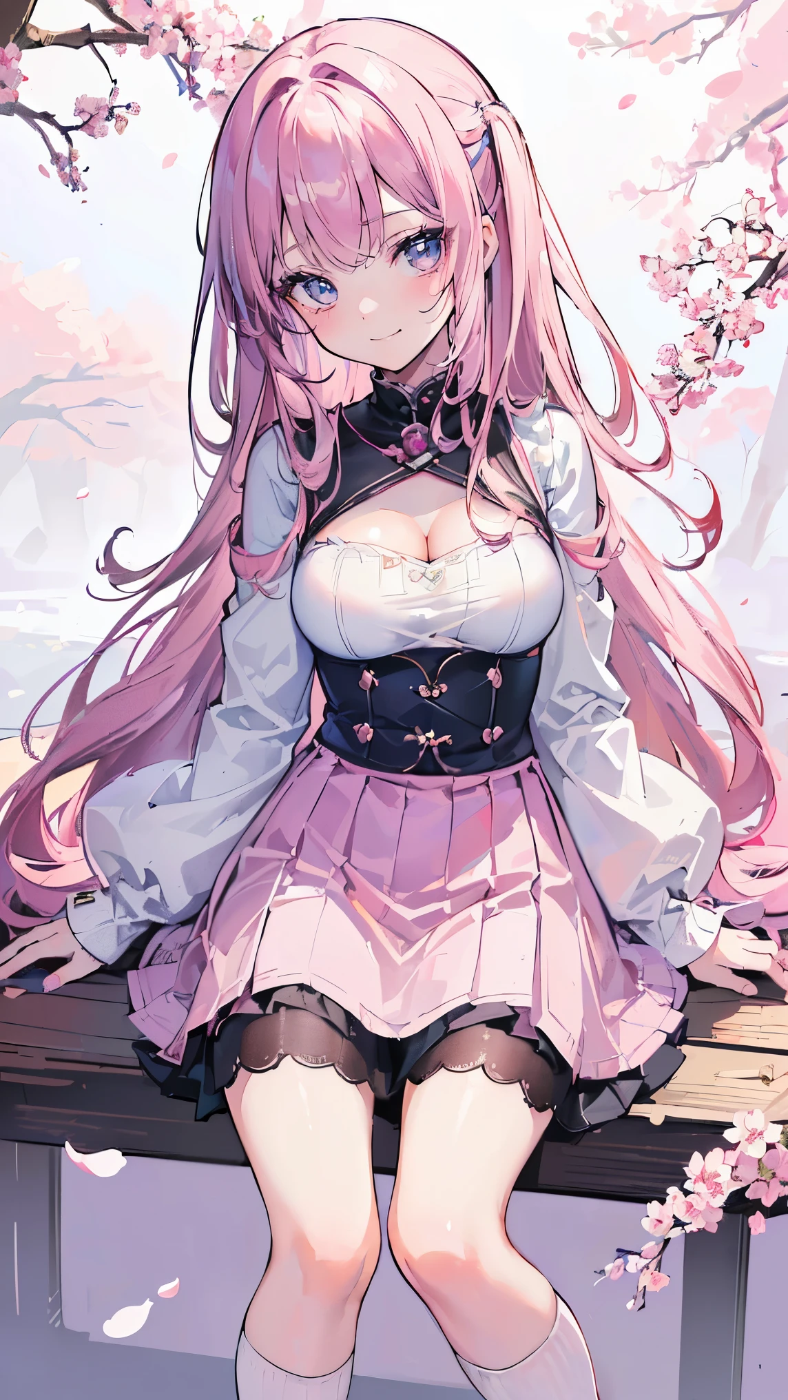 ((masterpiece, highest quality,High resolution,Super detailed drawing)), one girl,(fine eyes) colorful hair,pastel colour,Absolute area, skirt,knee high socks, (((beauty, cute, 20-year-old, bangs, small smile))), (big breasts,Clothes that show cleavage),cherry blossoms