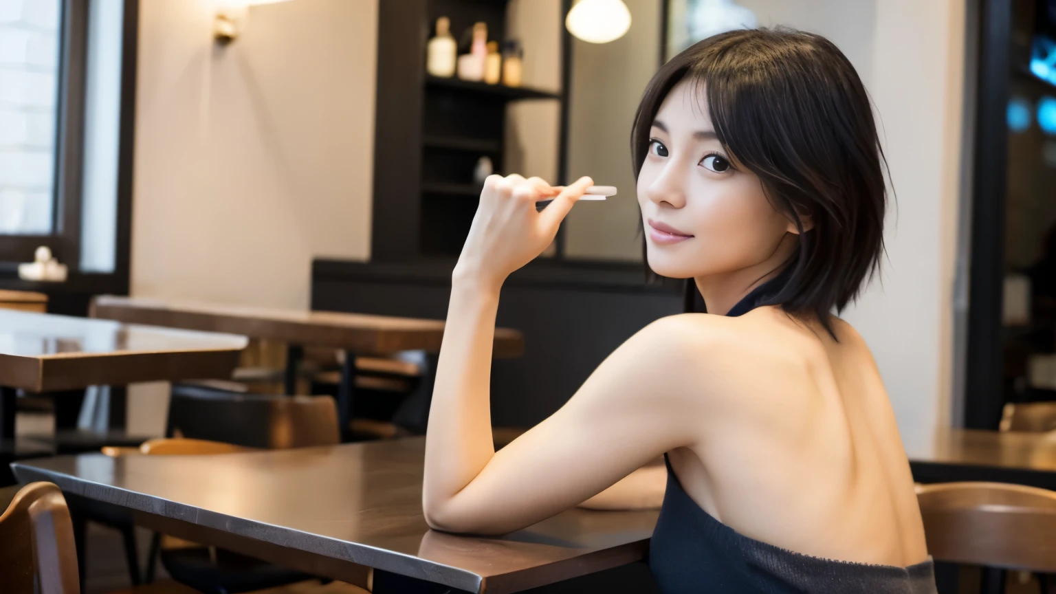 japanese woman, Beauty salon model 30 years old, slender body shape, small breasts, very thin waist, beautiful face, beautiful eyes, black short hair, She wears tight, Short gray knit dress with open back design., Sitting in a fashionable café, look back at you kindly, 1 girl, alone, detailed face and eyes, small fingers and arms. full body photo. realistic, realistic.