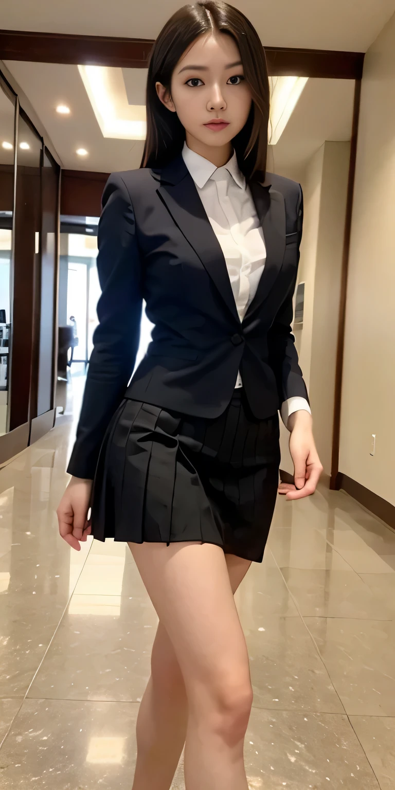 ((masterpiece:1.4))、((pieces fly:1.4))、A woman with light brown hair、Standing in a hotel lobby wearing a short black pleated skirt。、very sexy costume, 厳格なWearing a suitいる、Stylish and gorgeous cosplay, sexy costume, ファッションWearing a suitいる, Wearing a suit, dressed properly、黒色のタイトなWearing a suitいる, sexy look, suit、黒いWearing a suitいる、黒いWearing a suitいる、((confused look:1.4))、