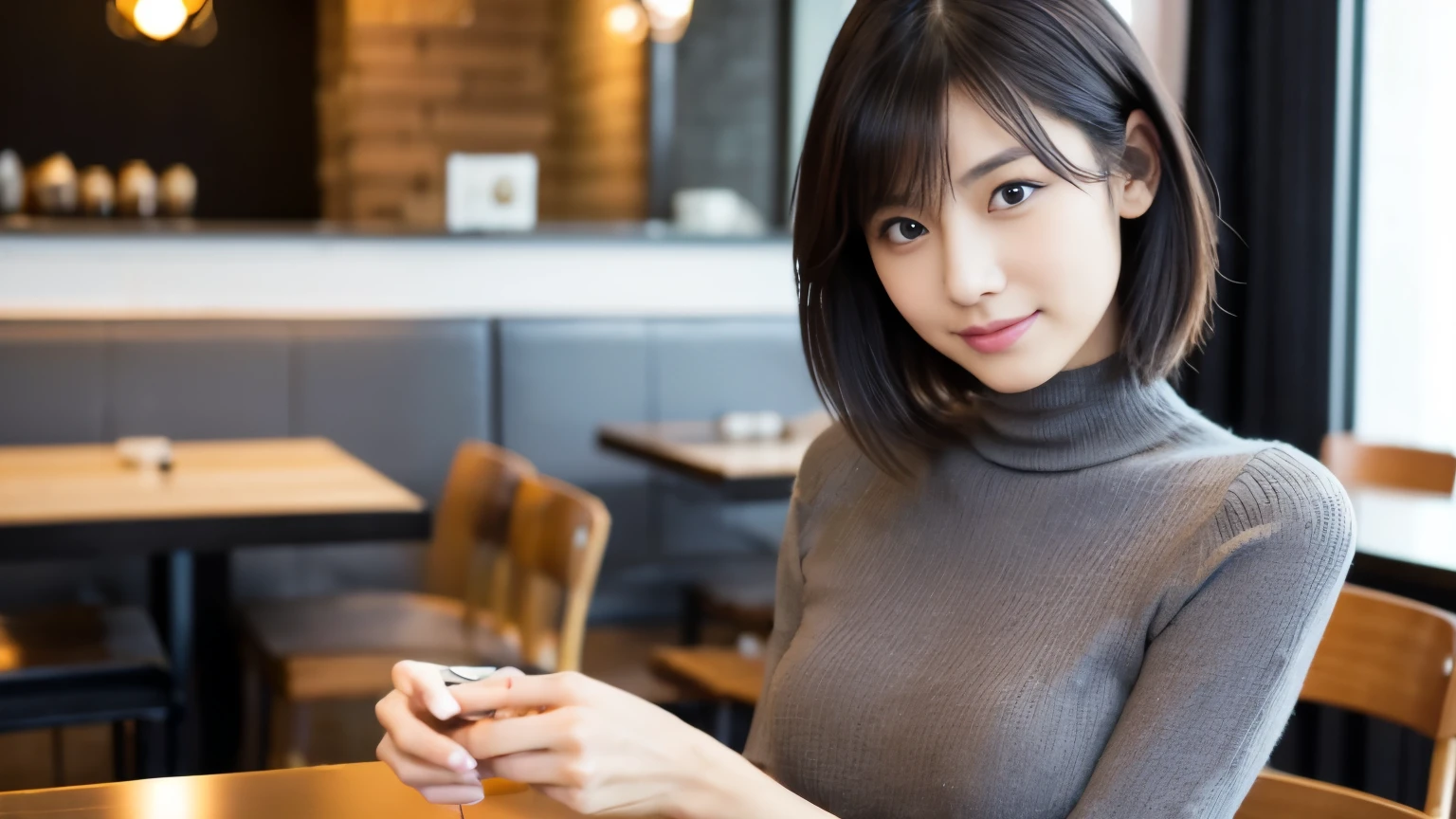 japanese woman, Beauty salon model 30 years old, slender body shape, small breasts, very thin waist, beautiful face, beautiful eyes, black short hair, She wears tight, Short gray knit dress with open back design., Sitting in a fashionable café, look back at you kindly, 1 girl, alone, detailed face and eyes, small fingers and arms. full body photo. realistic, realistic.