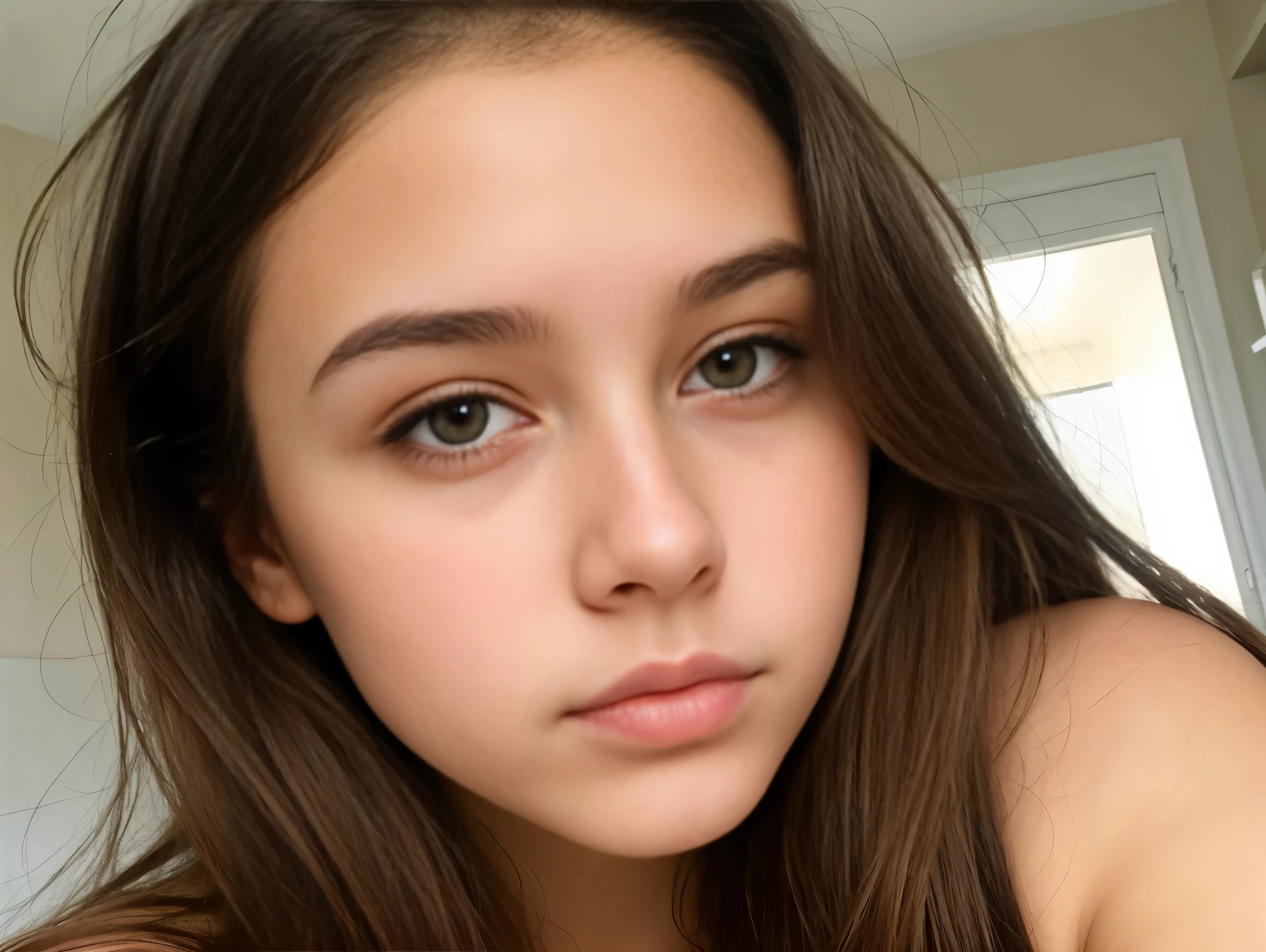 15 year old girl, very beatifull with sexy body in adolescence, sexy look, Cute, model face, symmetrical face, big lips, big eyes, small nose