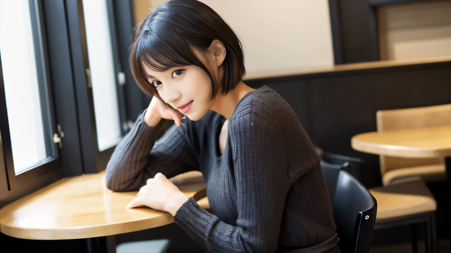 japanese woman, Beauty salon model 30 years old, slender body shape, small breasts, very thin waist, beautiful face, beautiful eyes, black short hair, She wears tight, Short gray knit dress with open back design., Sitting in a fashionable café, look back at you kindly, 1 girl, alone, detailed face and eyes, small fingers and arms. full body photo. realistic, realistic.