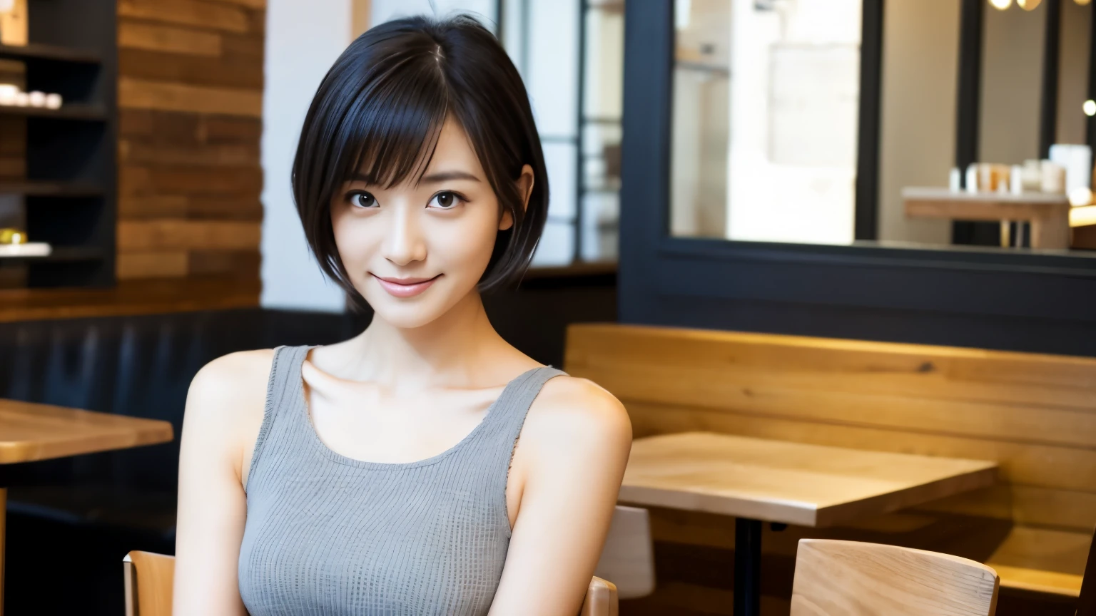 japanese woman, Beauty salon model 30 years old, slender body shape, small breasts, very thin waist, beautiful face, beautiful eyes, black short hair, She wears tight, Short gray knit dress with open back design., Sitting in a fashionable café, look back at you kindly, 1 girl, alone, detailed face and eyes, small fingers and arms. full body photo. realistic, realistic.