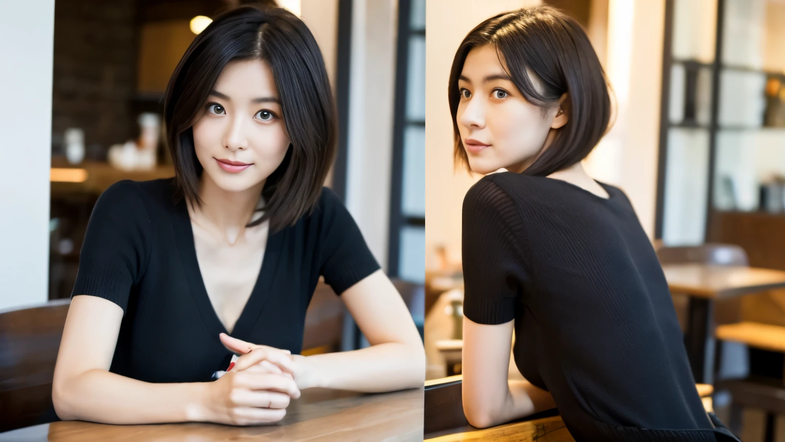 japanese woman, Beauty salon model 30 years old, slender body shape, small breasts, very thin waist, beautiful face, beautiful eyes, black short hair, She wears tight, Short gray knit dress with open back design., Sitting in a fashionable café, look back at you kindly, 1 girl, alone, detailed face and eyes, small fingers and arms. full body photo. realistic, realistic.