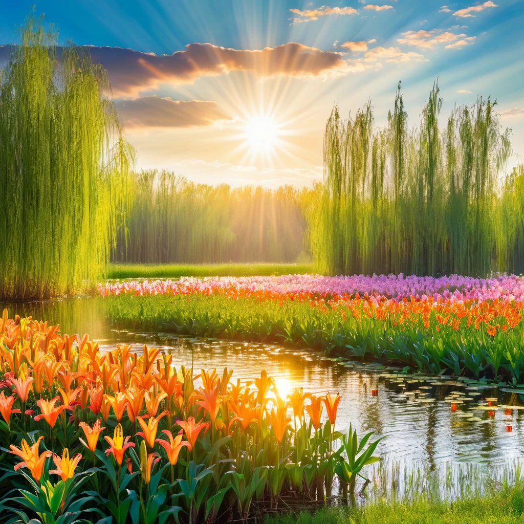 A spring morning on a lily Meadowlands. Masterpiece, realistic photo. Colorfull background. A sun rays with many lilies flew by the winds