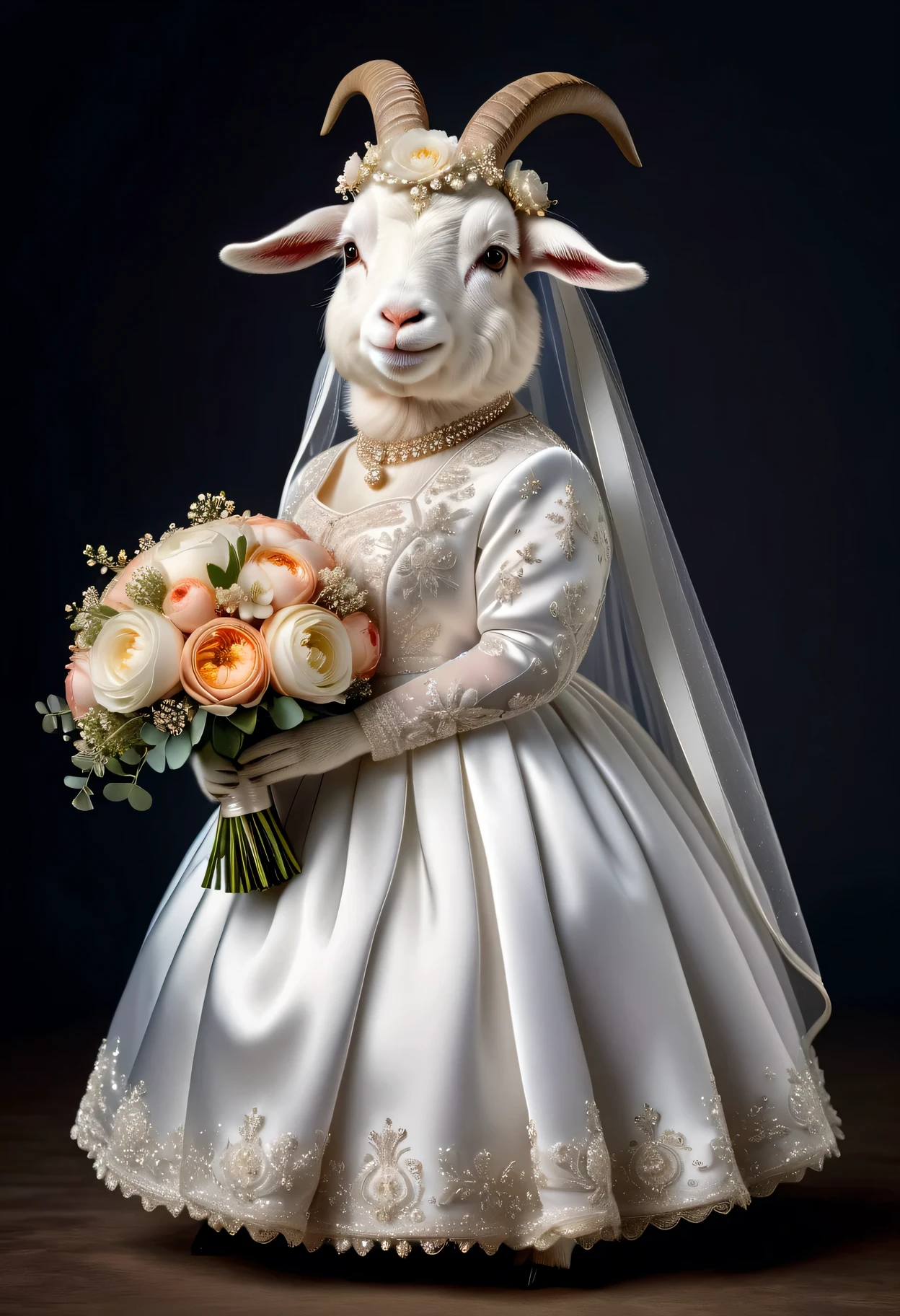 photorealistic portrait of Dressed animals - a ((fat)) cute goat,(elegant pose:1.2 ),(flurry :1.2), high quality,(lovely) ,intricate details, highly detailed (( wedding dress)), wearing opera globes ,wearing highly detailed veil, highly detailed decorations ,holding flower bouquet, (happy), studio lighting,()